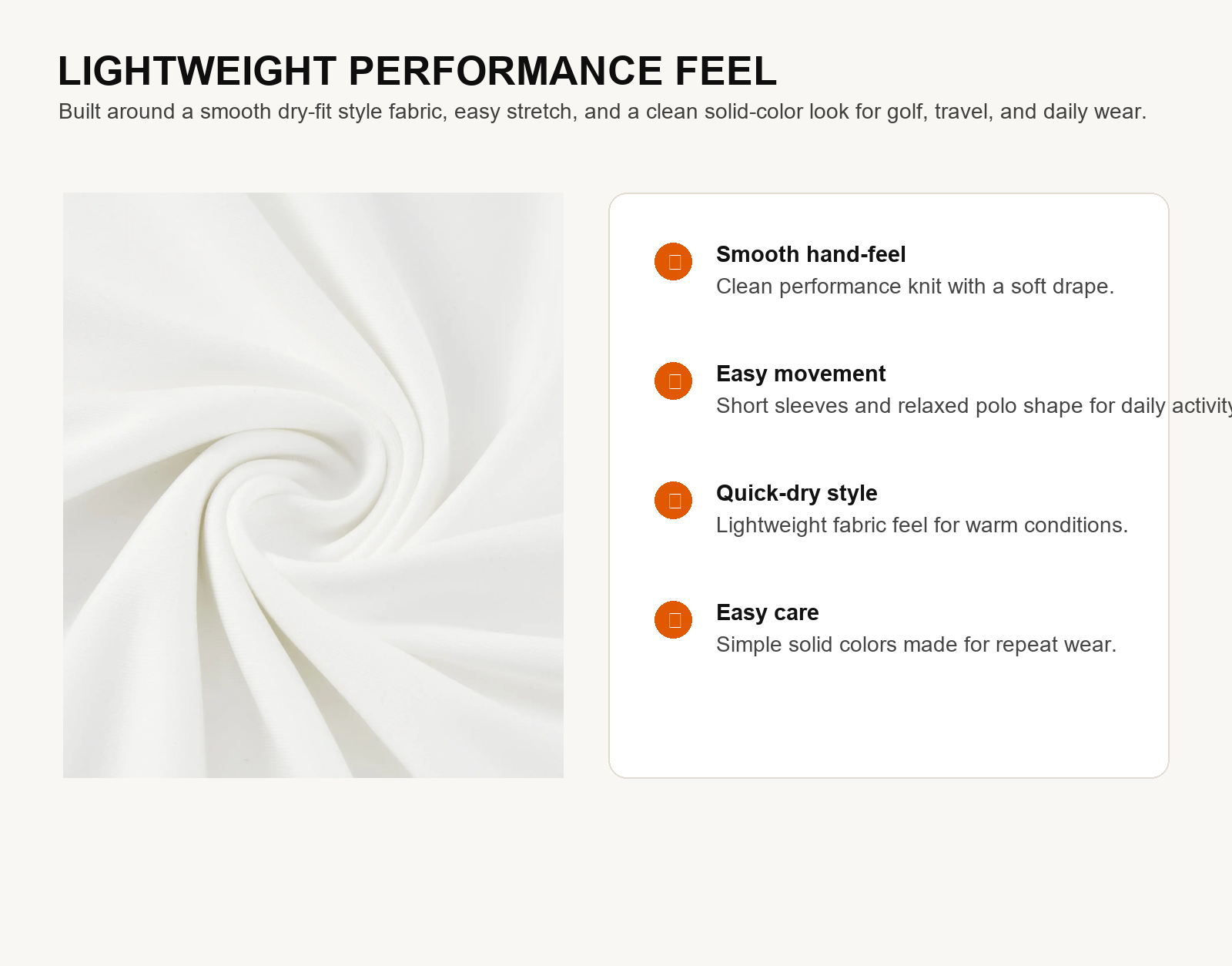 Lightweight performance golf polo fabric feel and feature panel