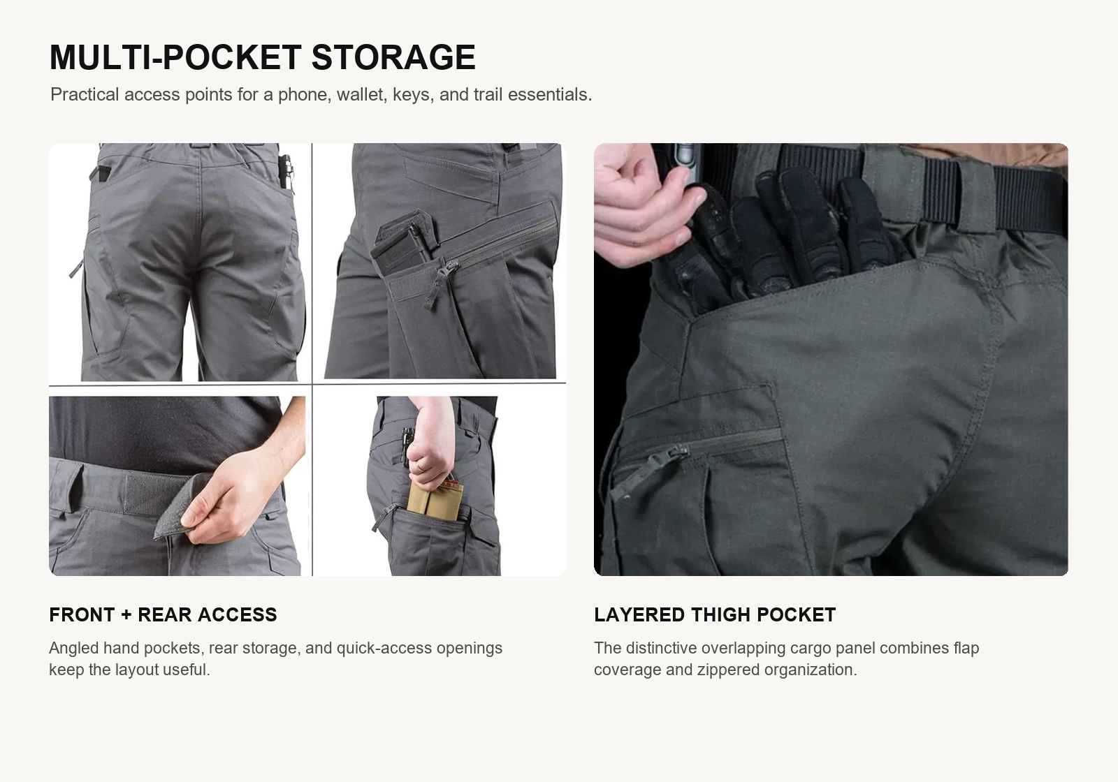 Detailed view of tactical shorts angled pockets rear storage and layered thigh cargo pocket