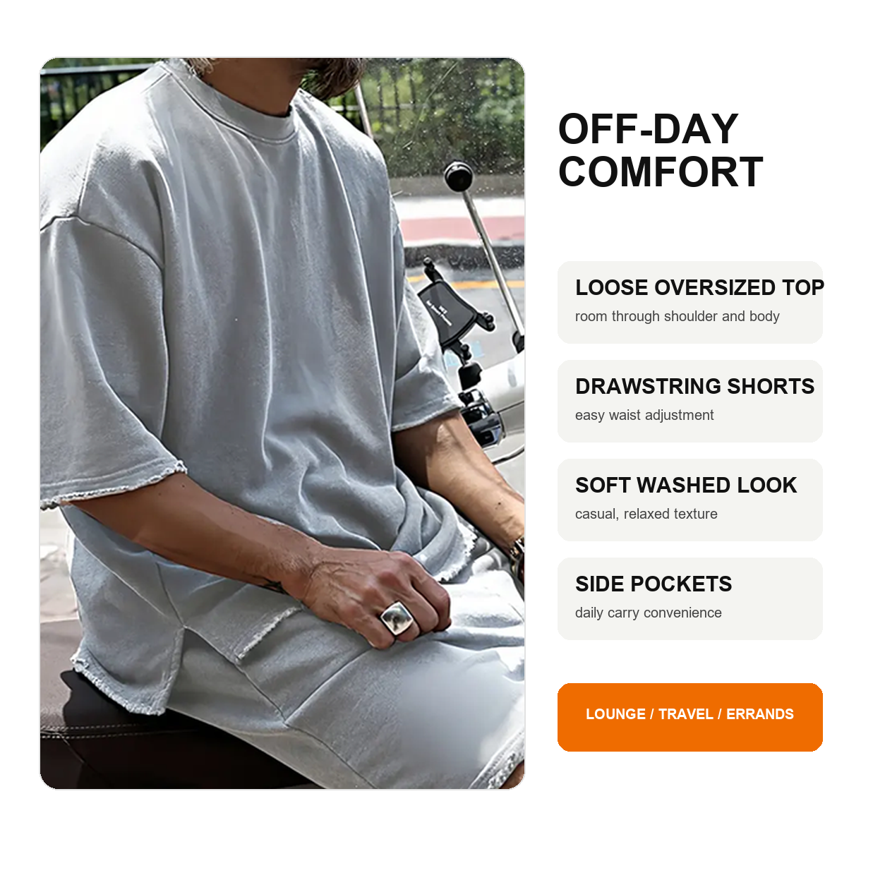 Man wearing a loose gray sportswear top and drawstring shorts set for casual off day wear