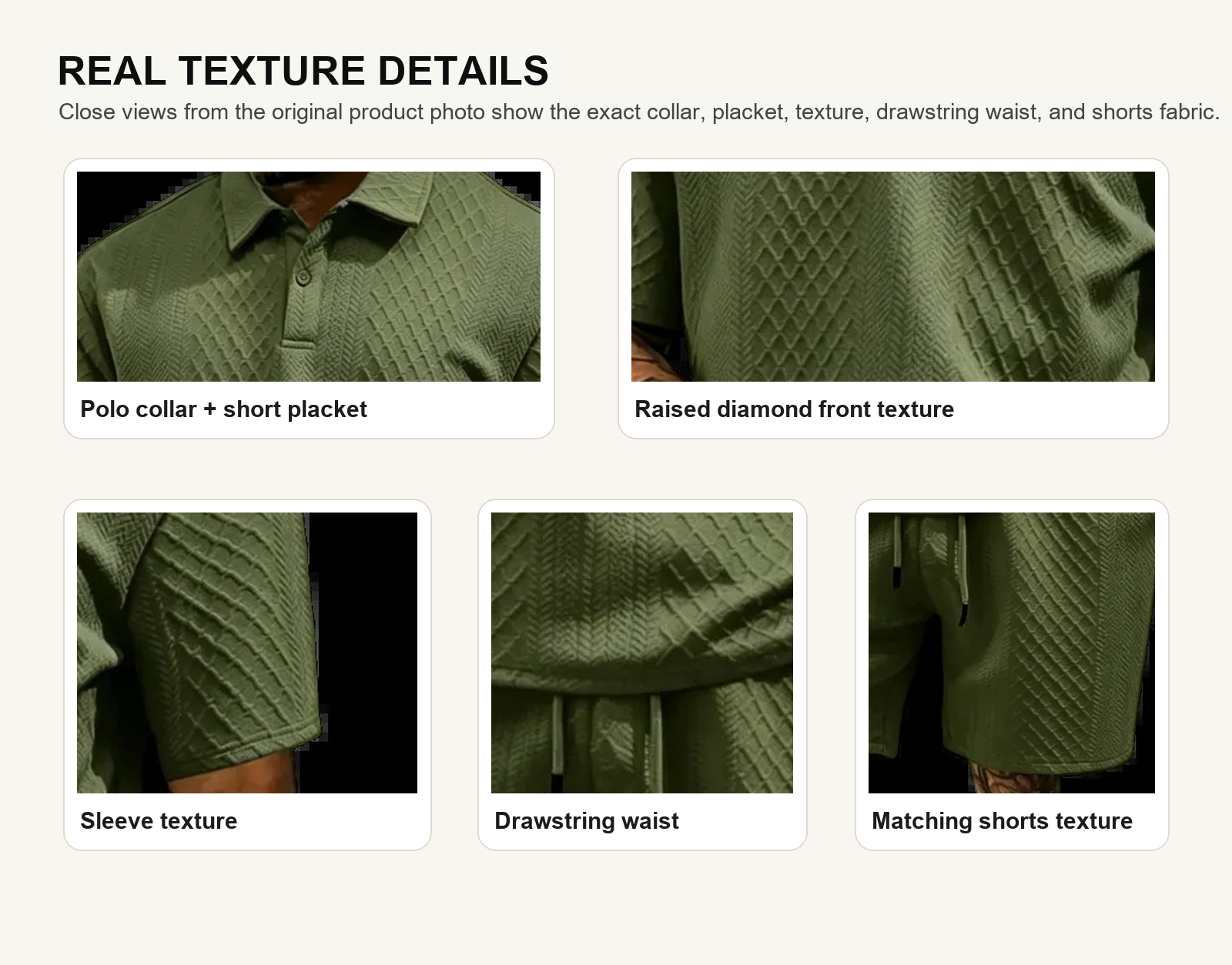 Close-up details of the textured polo collar short placket raised texture drawstring waist and matching shorts