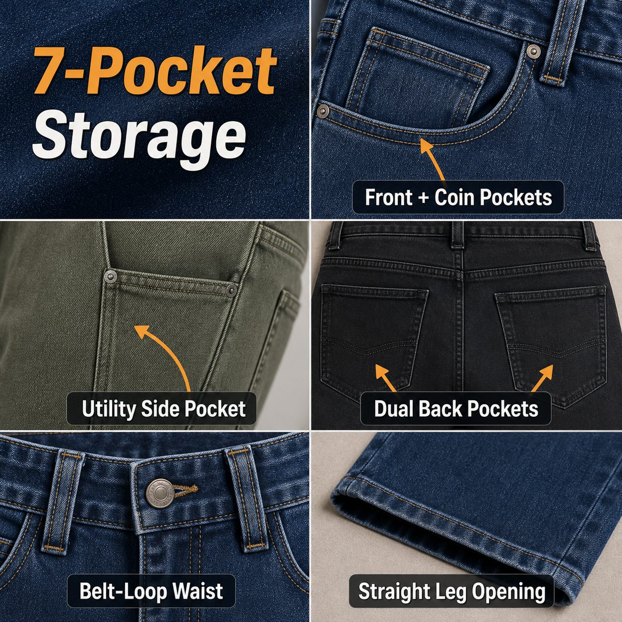 Flex denim jeans detail collage showing 7-pocket storage front pockets utility side pocket back pockets waistband and leg opening
