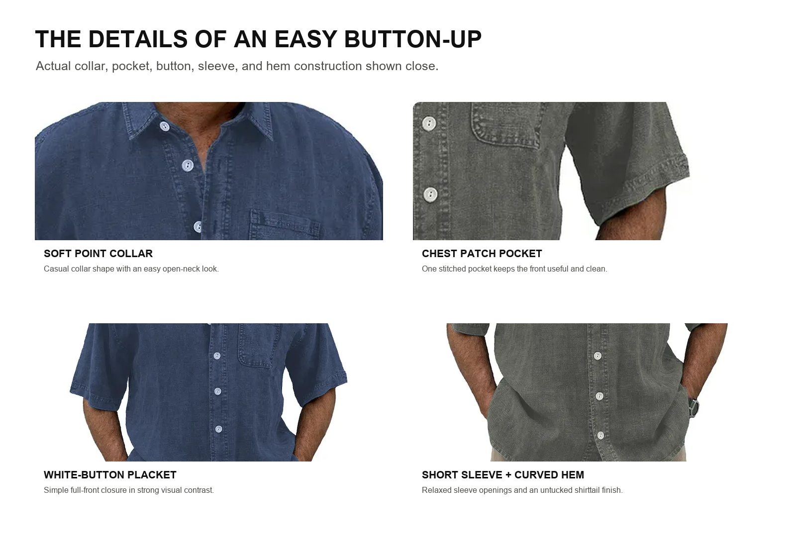Cotton linen shirt close-up showing collar buttons chest pocket short sleeve and curved hem