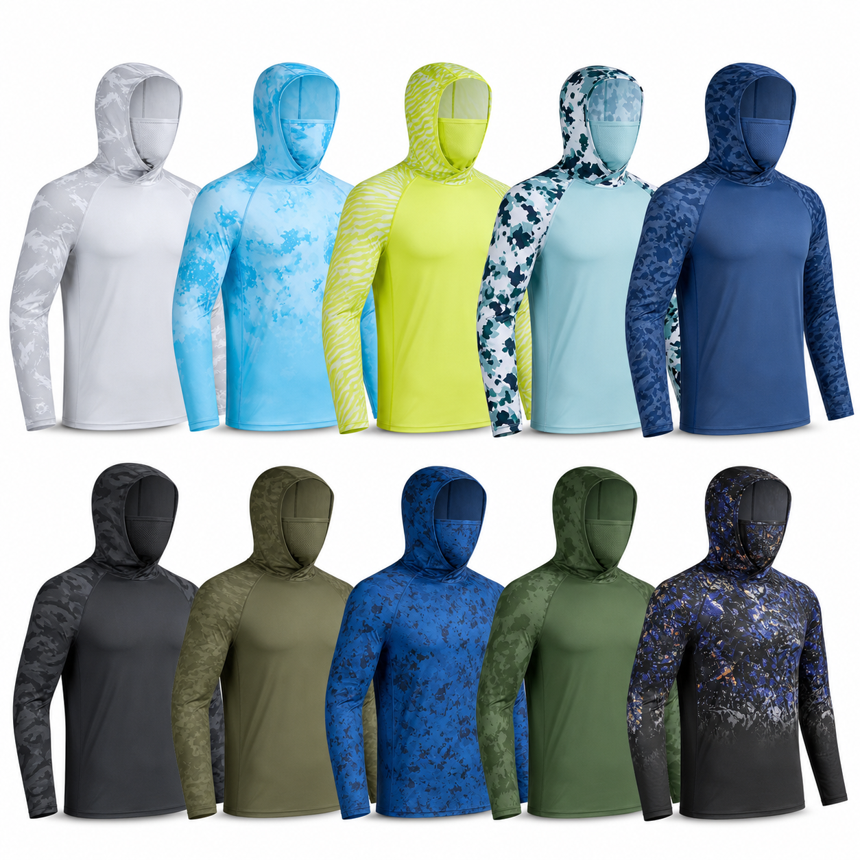 Ten hooded performance sun hoodies arranged as a 10-pack assortment