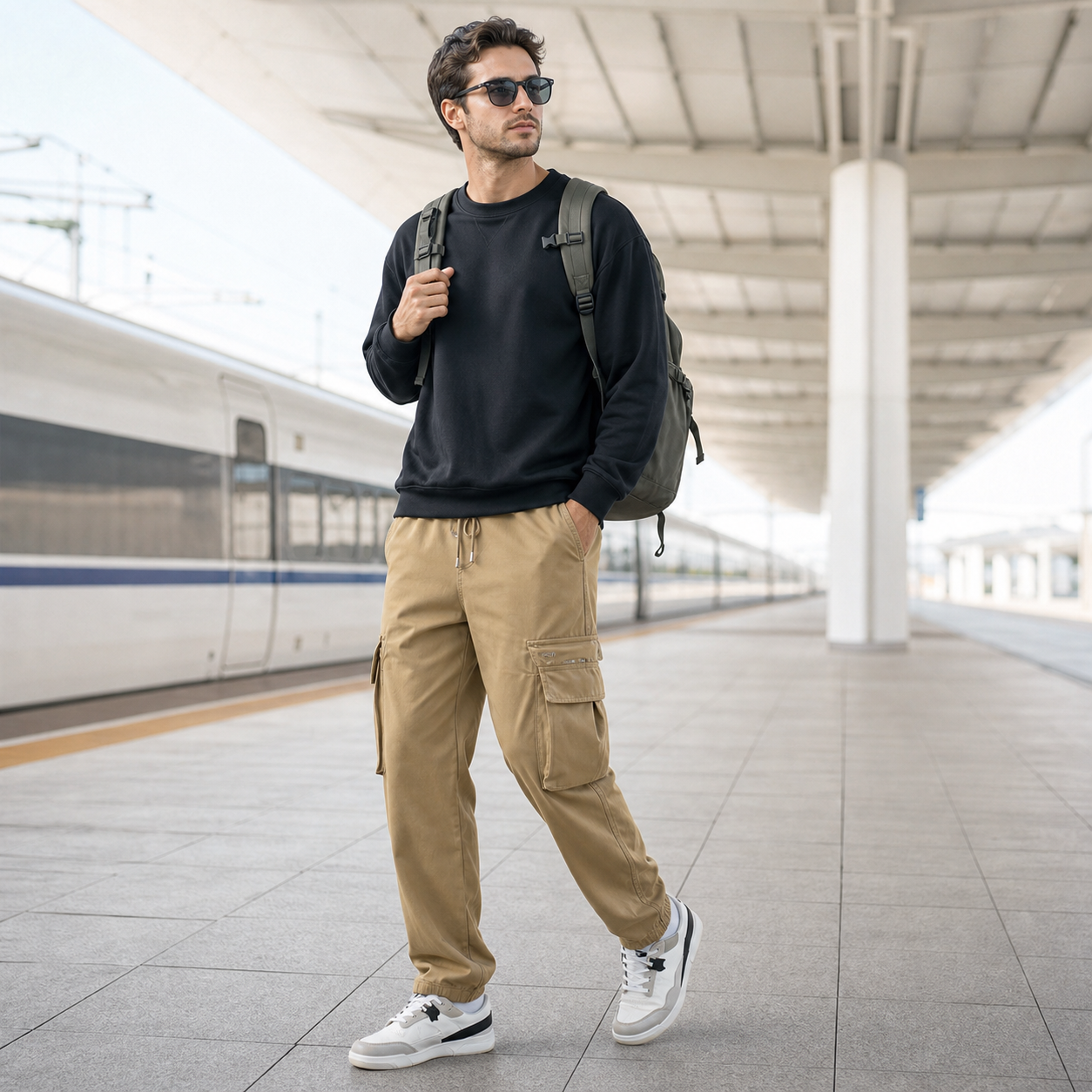 Man wearing khaki drawstring cargo pants with backpack at a train station