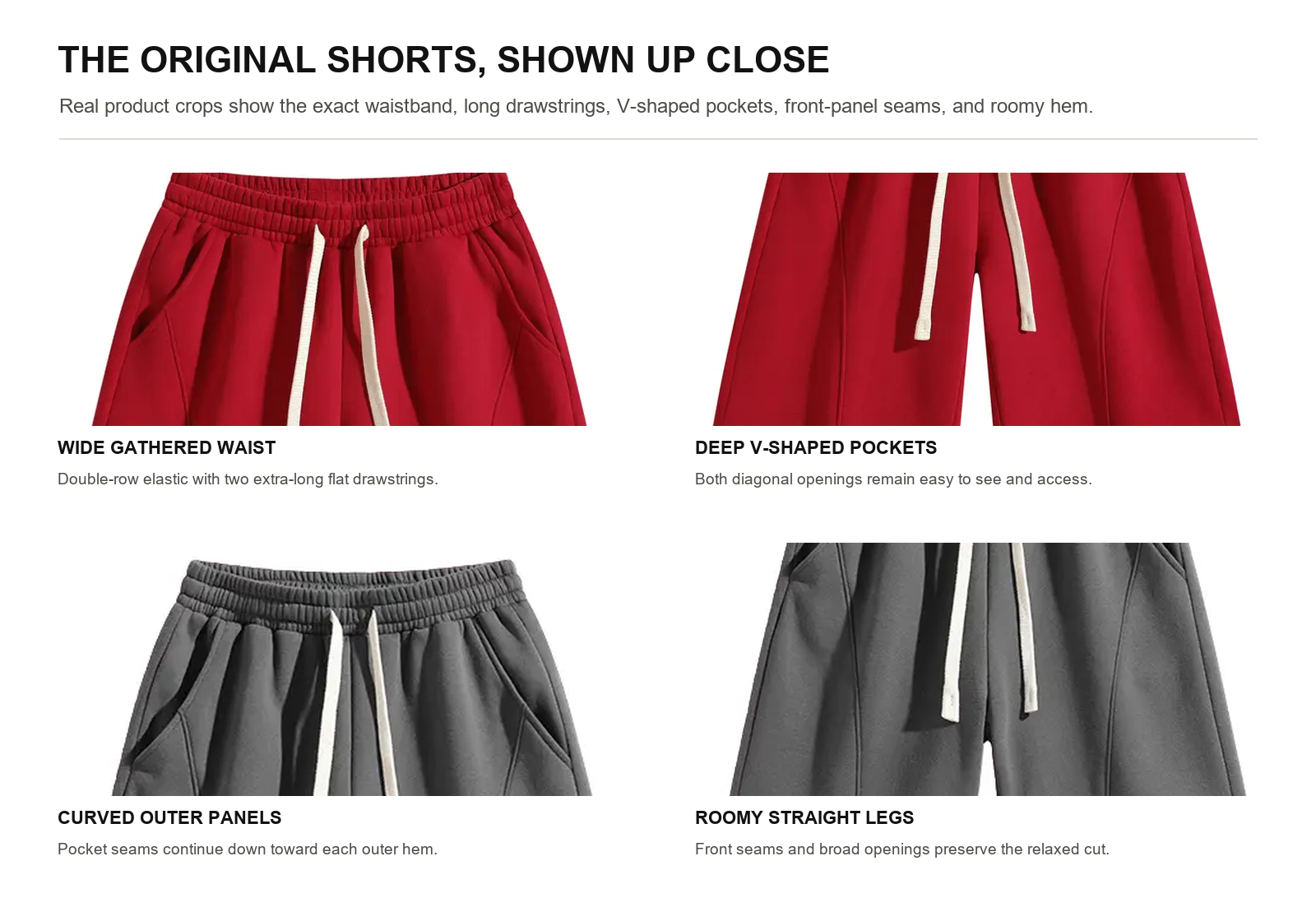 Close views of elastic waist flat drawcord diagonal pockets panel seams and hem on cotton jersey lounge shorts