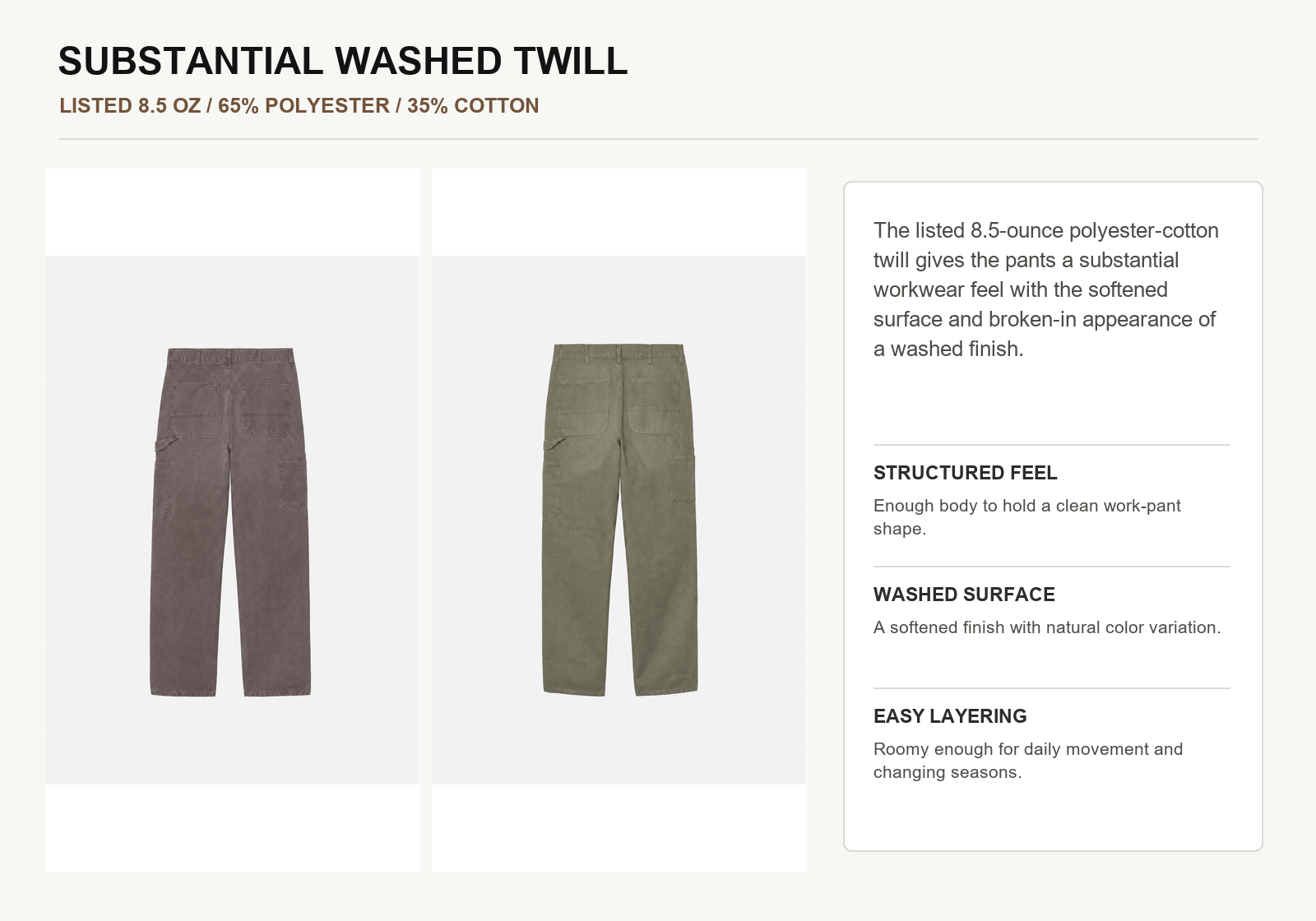 Charcoal and olive washed twill work pants with listed 8.5 ounce 65 percent polyester 35 percent cotton material details