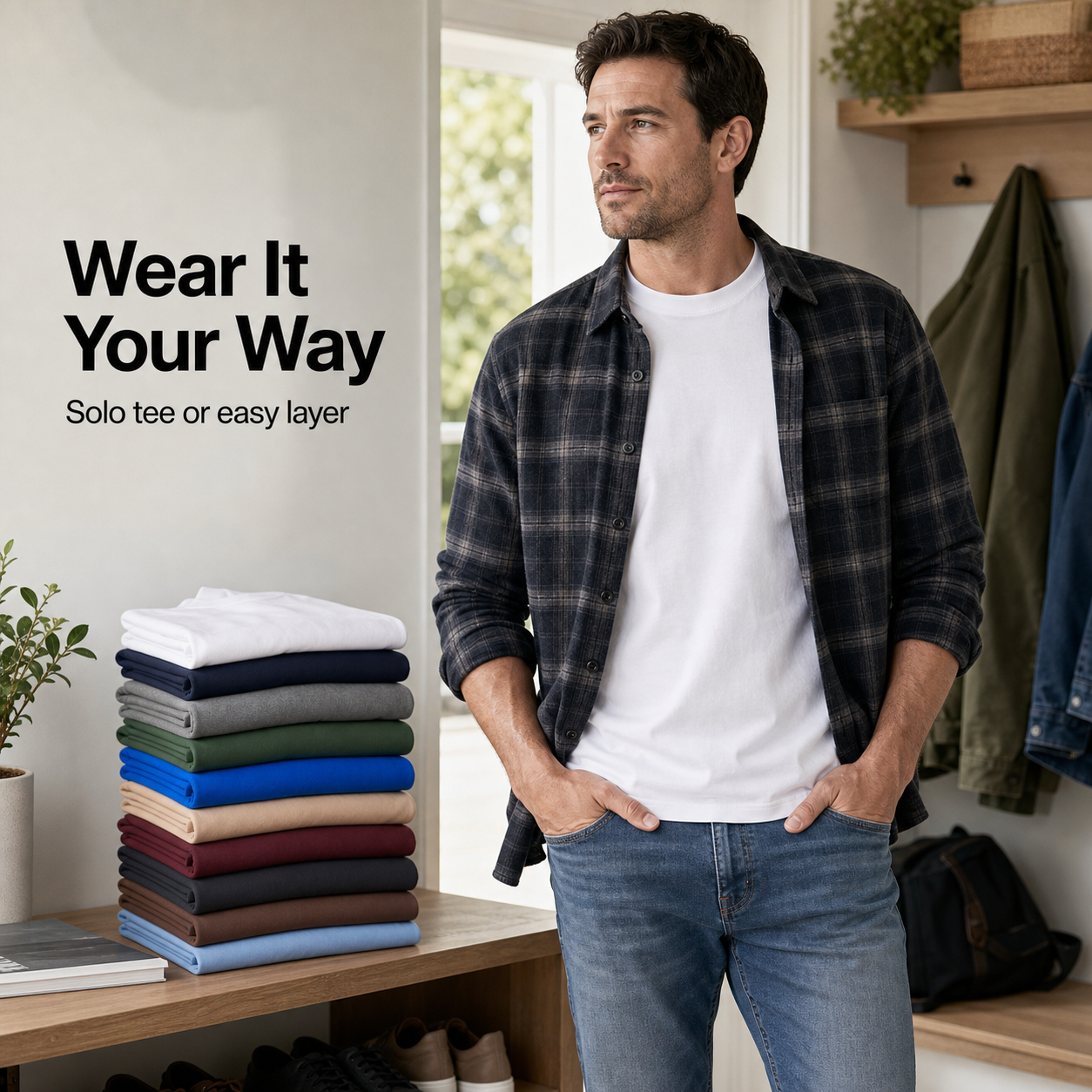 Man wearing a plain white heavyweight cotton T-shirt layered under an open flannel shirt
