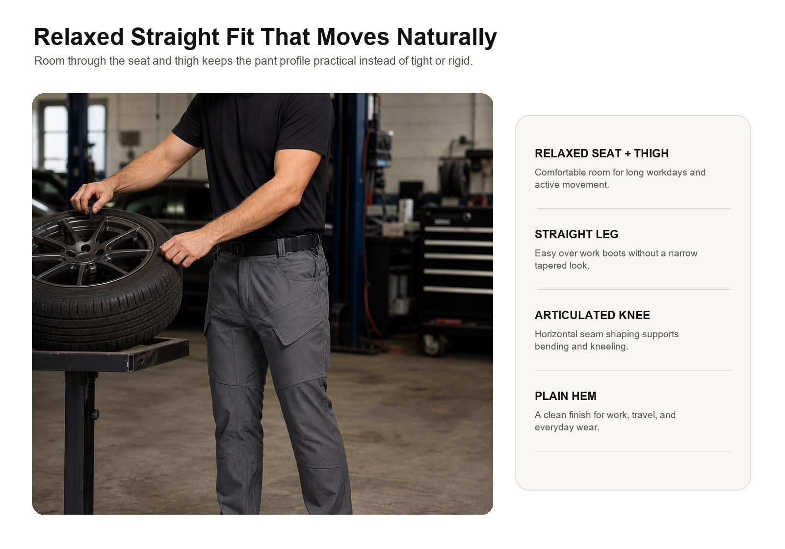 Man wearing grey tactical cargo pants in an auto workshop showing relaxed straight leg movement