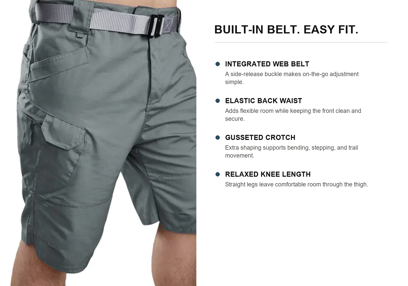 Tactical shorts showing integrated web belt elastic back waist gusseted crotch and relaxed fit