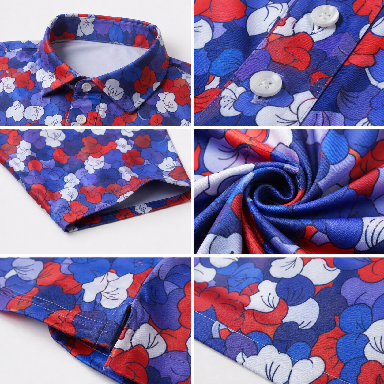 Printed golf polo detail collage showing collar button placket sleeve hem fabric texture and stitching