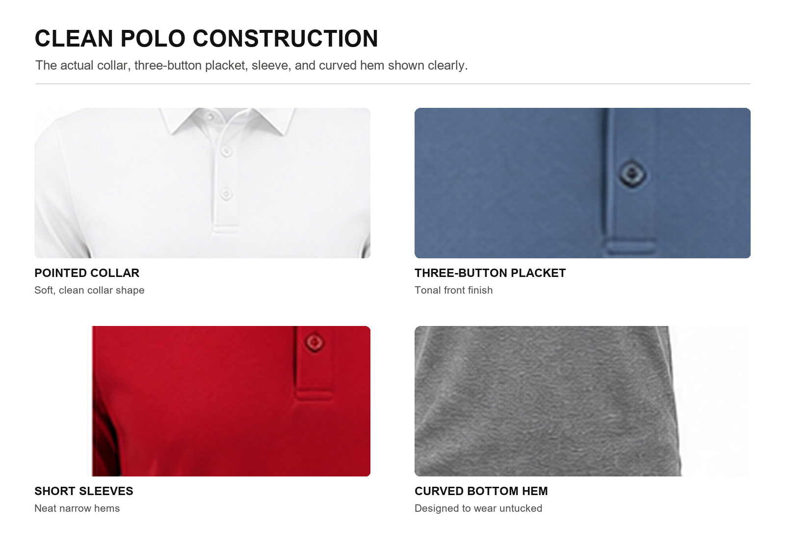 Pointed collar three-button placket short sleeves and curved hem construction details