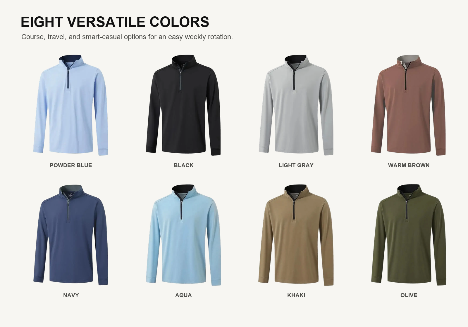 Eight complete men's quarter zip golf pullovers in powder blue black gray brown navy aqua khaki and olive