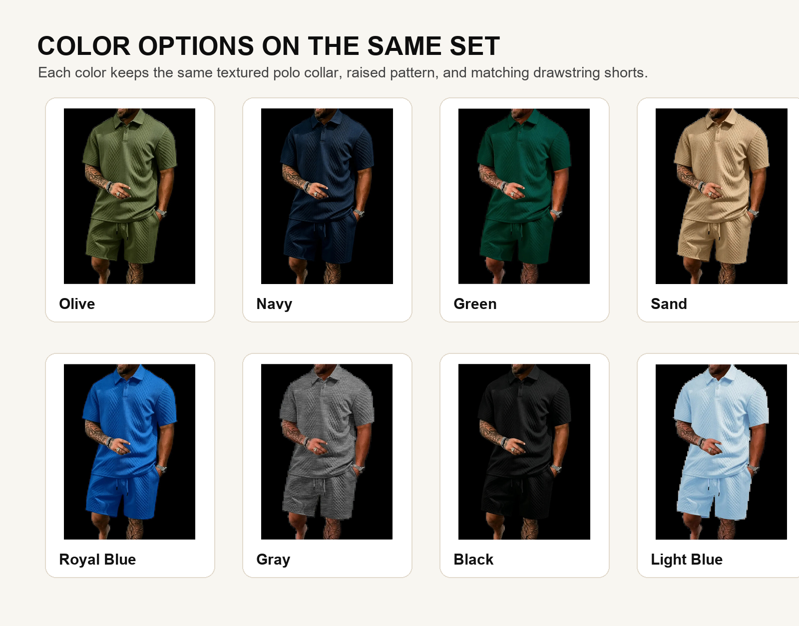 Textured polo shirt and drawstring shorts color options shown on the same set style