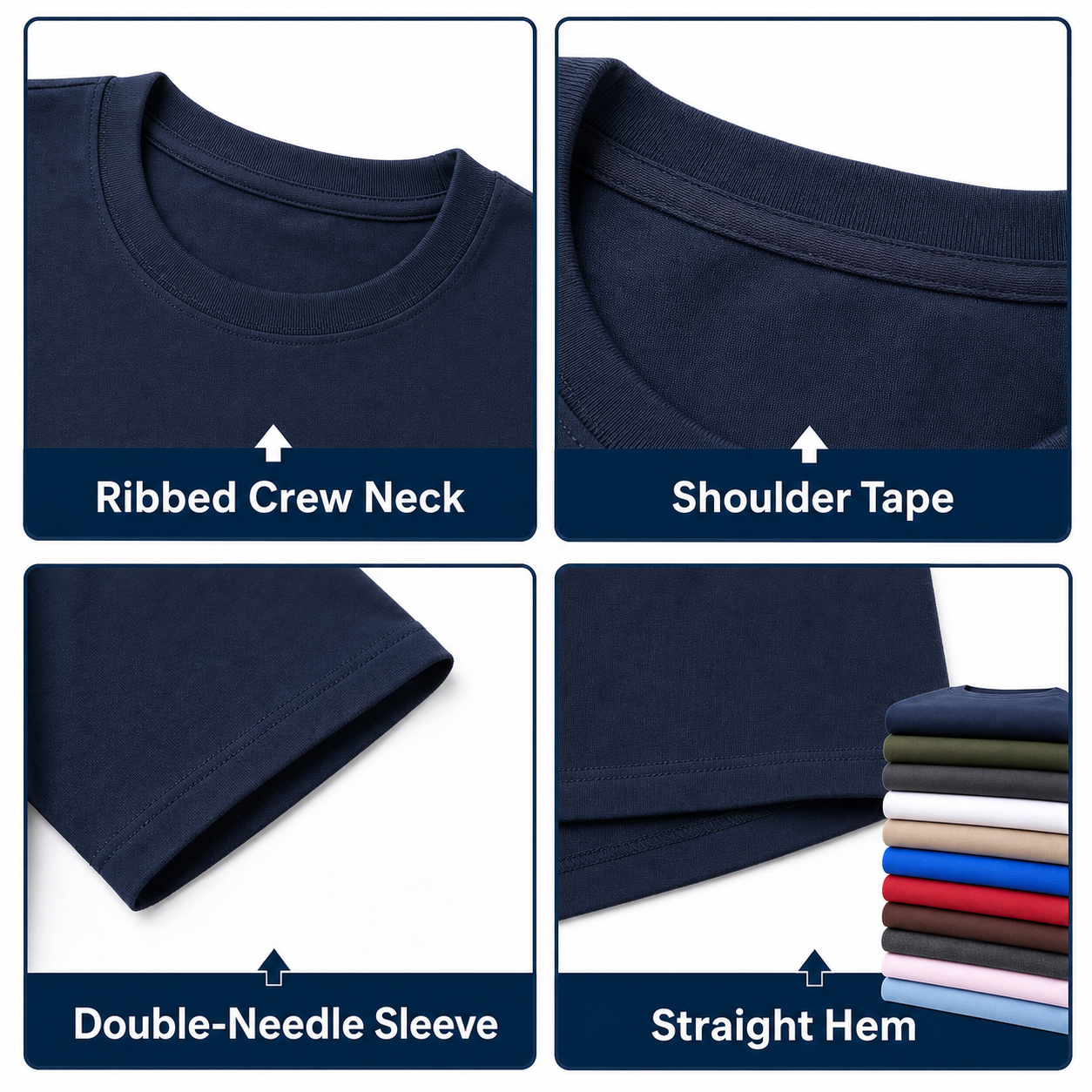 Heavyweight cotton T-shirt detail collage showing ribbed crew neck shoulder tape sleeve stitching and straight hem