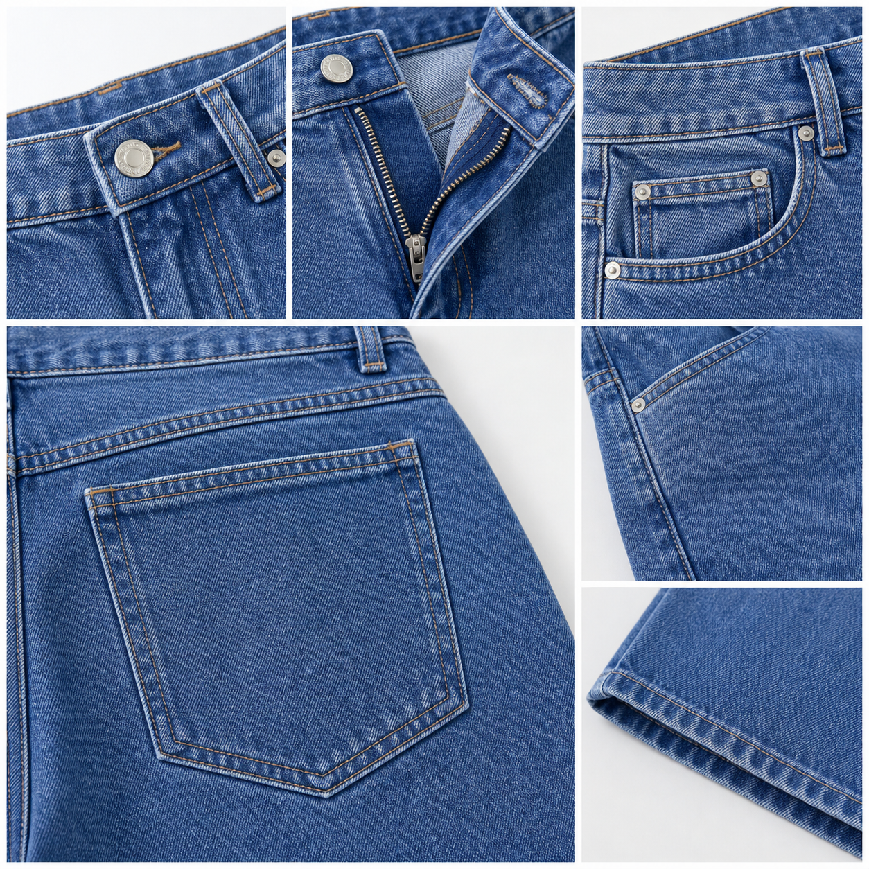 Denim dad shorts detail collage showing waistband zipper fly front pocket back pocket side seam and hem