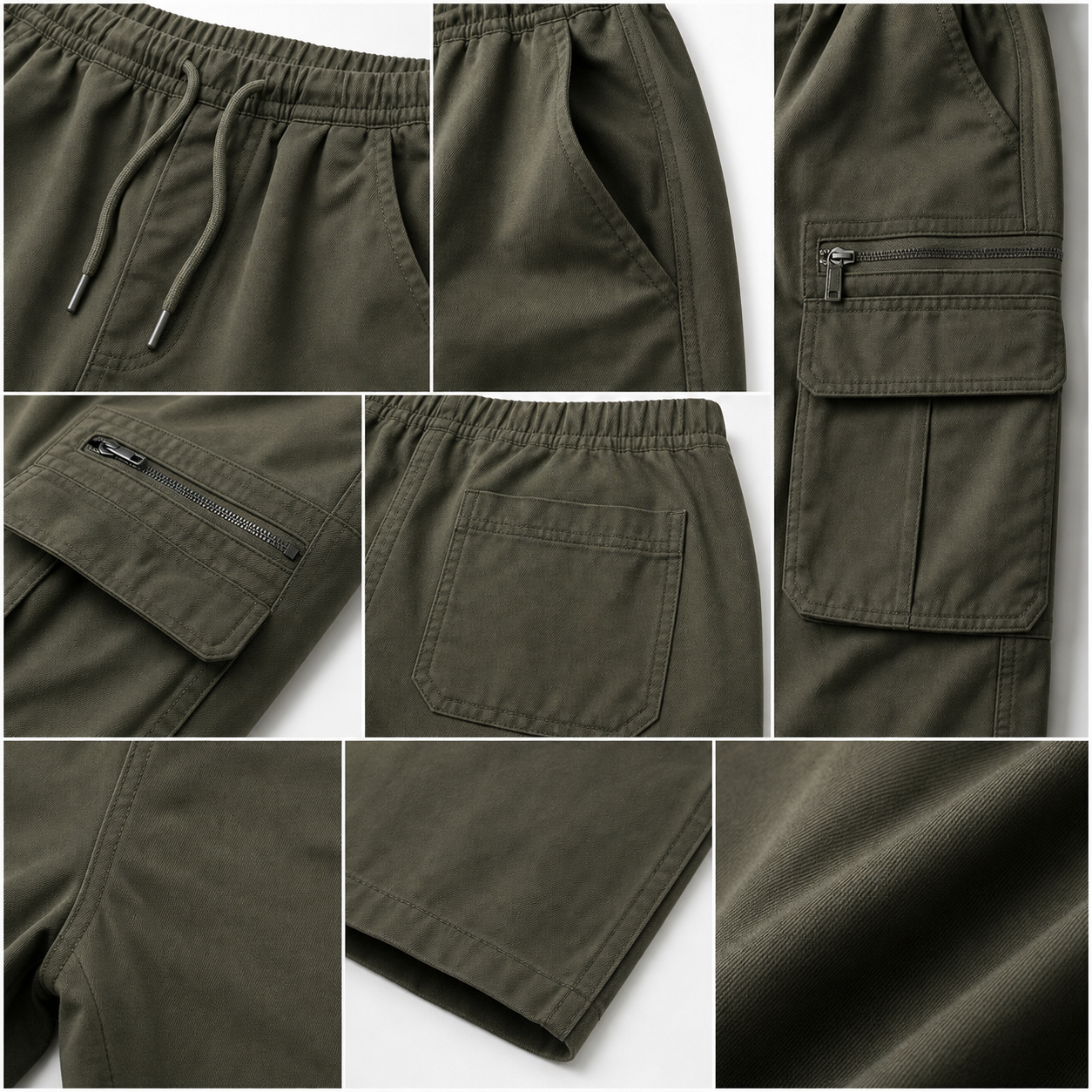 Cargo pants detail collage showing drawstring waist zipper cargo pocket back pocket stitching and hem