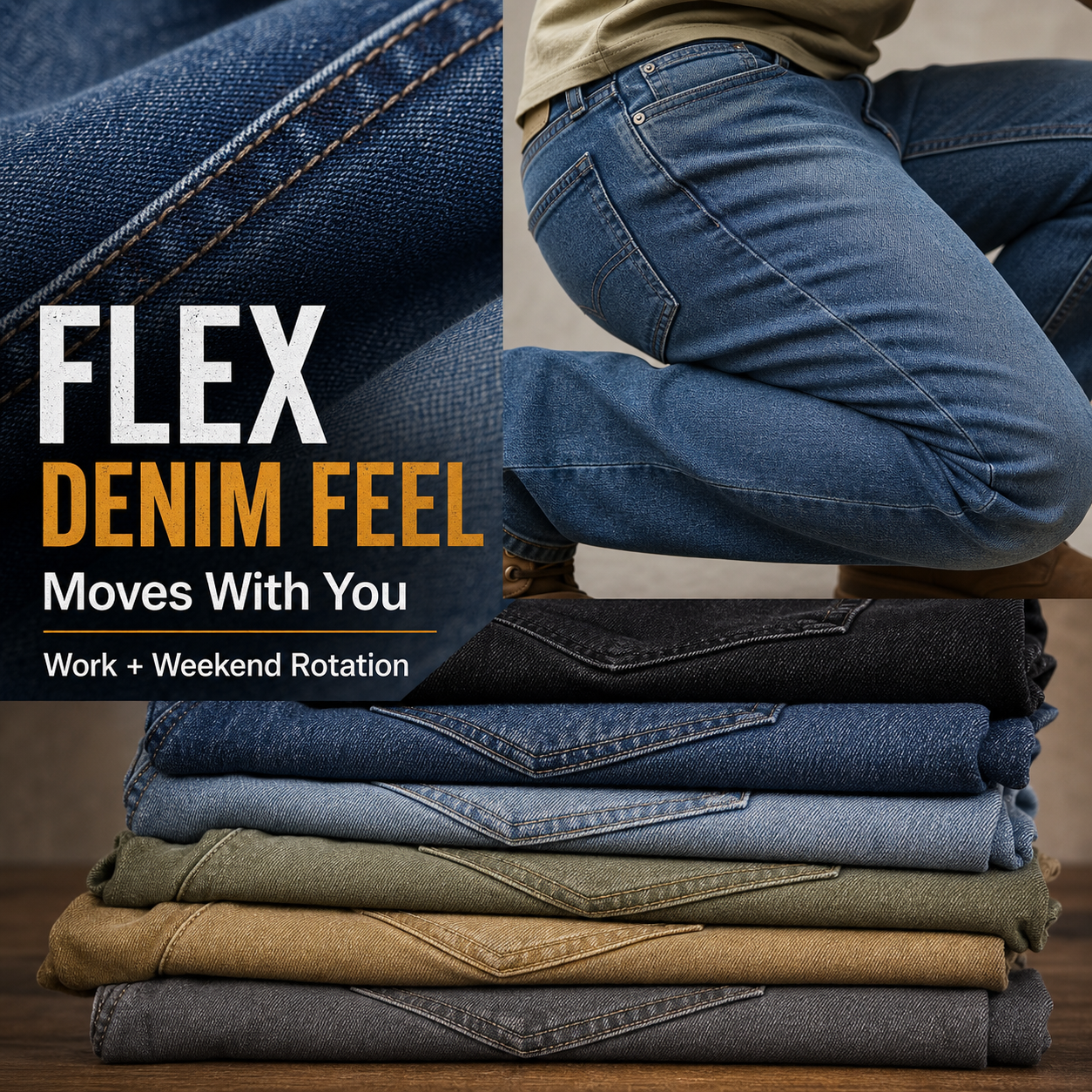 Flex denim jeans material detail image showing denim weave movement crop and folded color stack