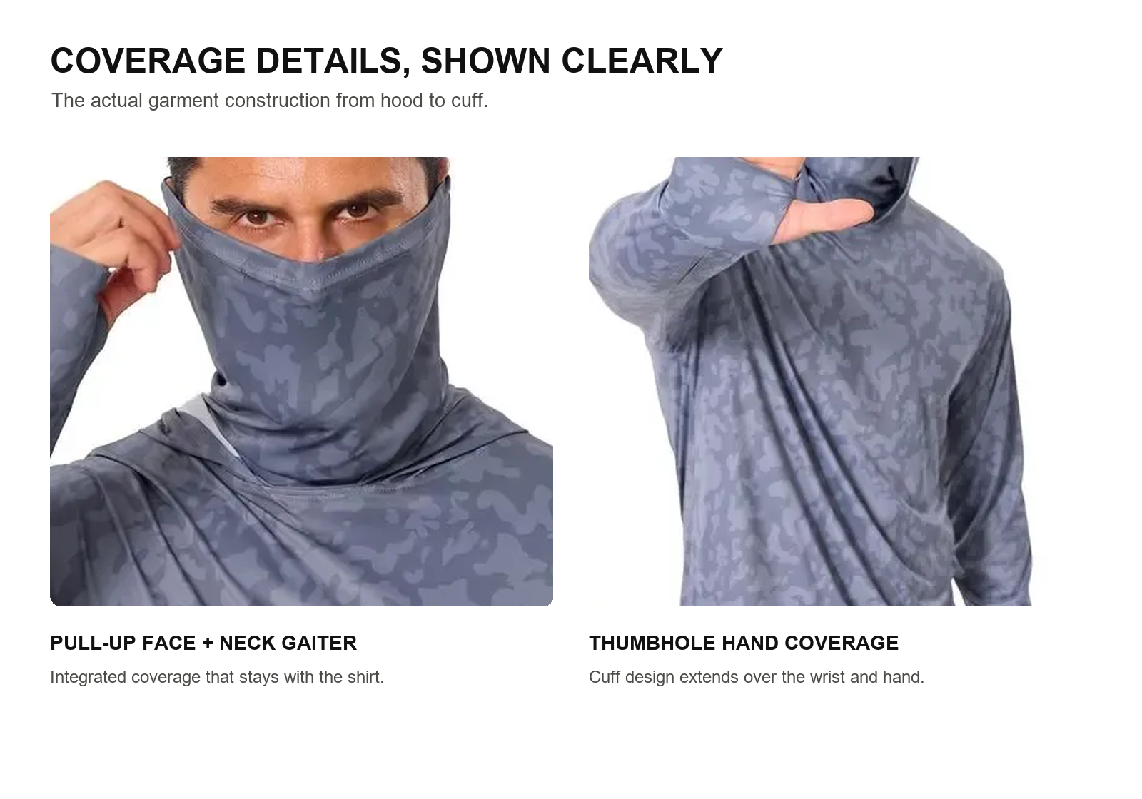 Close-up of hooded sun shirt pull-up face gaiter and thumbhole hand coverage