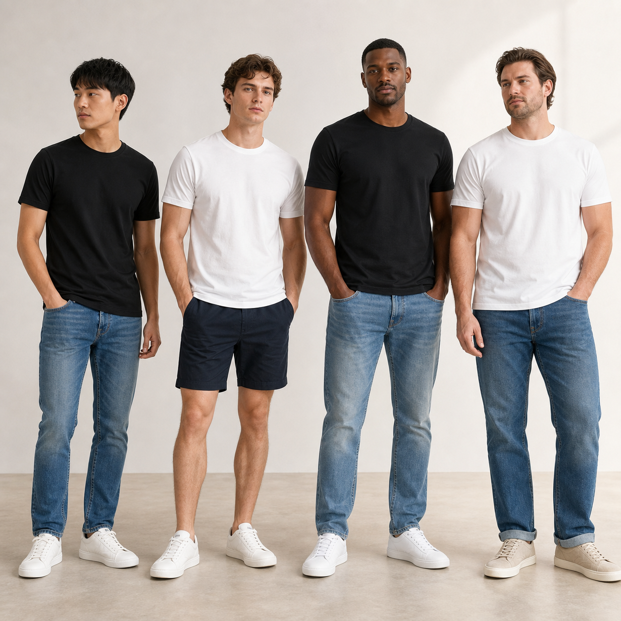Four men wearing black and white plain crew neck T-shirts showing everyday fit