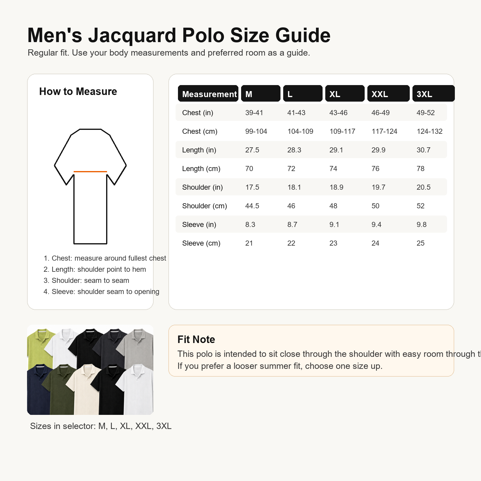 Men's solid jacquard polo size guide table for M L XL XXL and 3XL