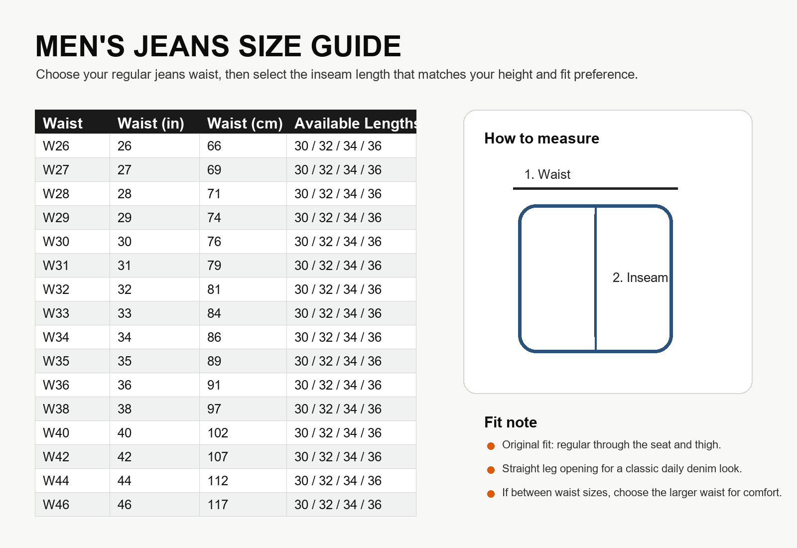 Men's CLASSIC STRAIGHT FIT JEANS size guide table for waist 26 to 46 and inseam lengths 30 32 34 36
