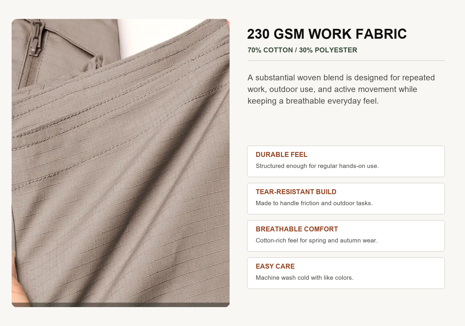 Durable 230 gsm cotton polyester tactical work pants fabric and care guide