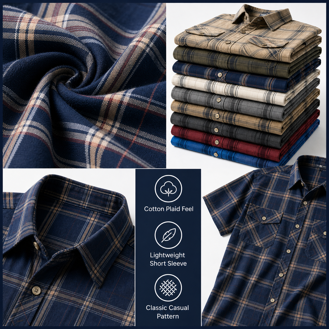 Cotton plaid shirt material close-up with folded shirts collar and fabric texture