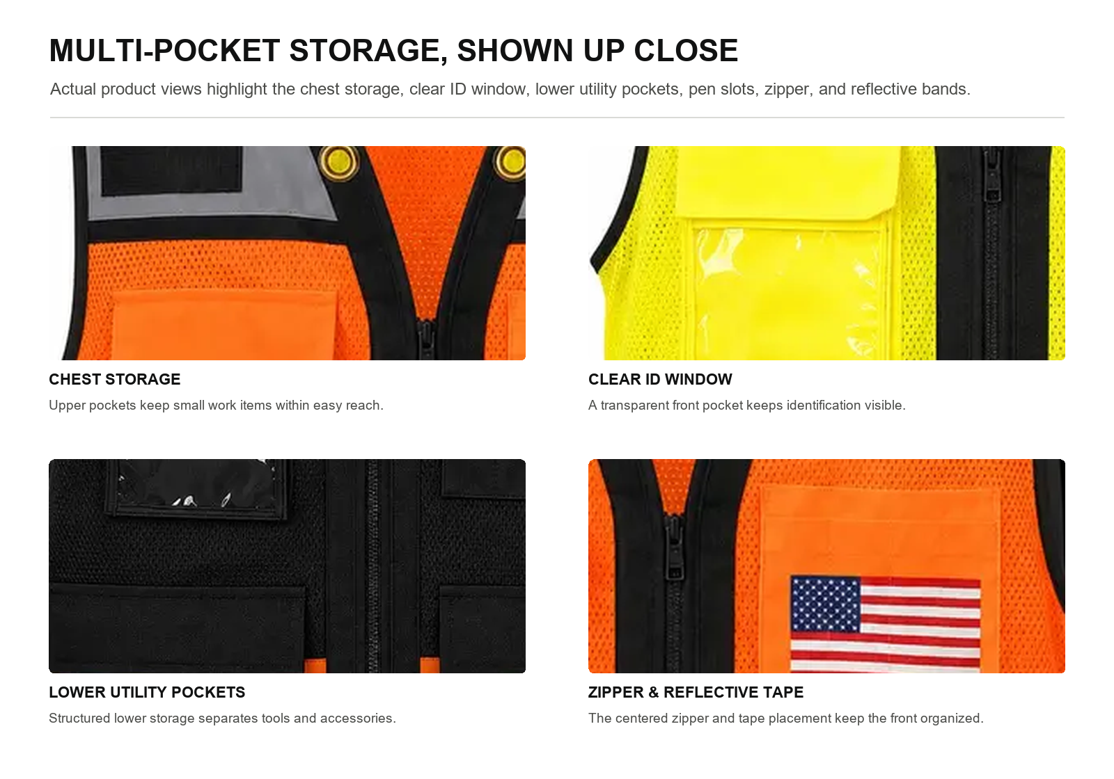 Close views of chest pocket clear ID window lower utility pockets zipper and reflective tape