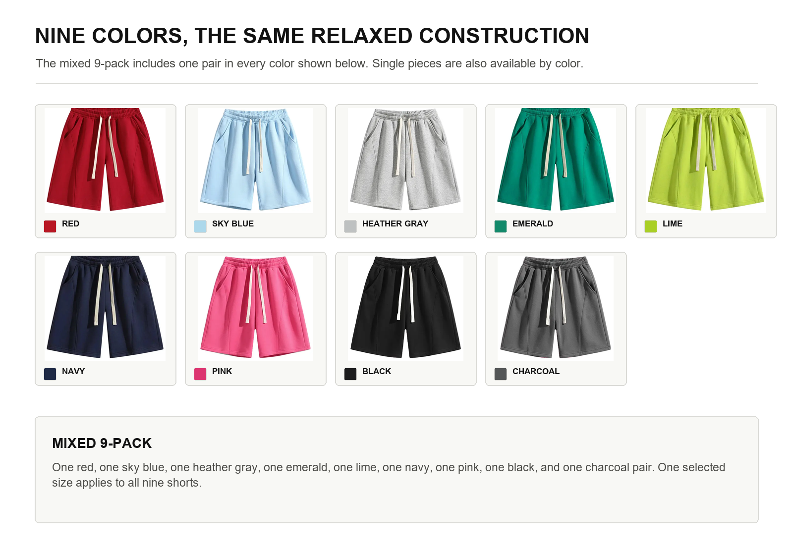 Nine color options for unisex cotton jersey lounge shorts shown as actual product images