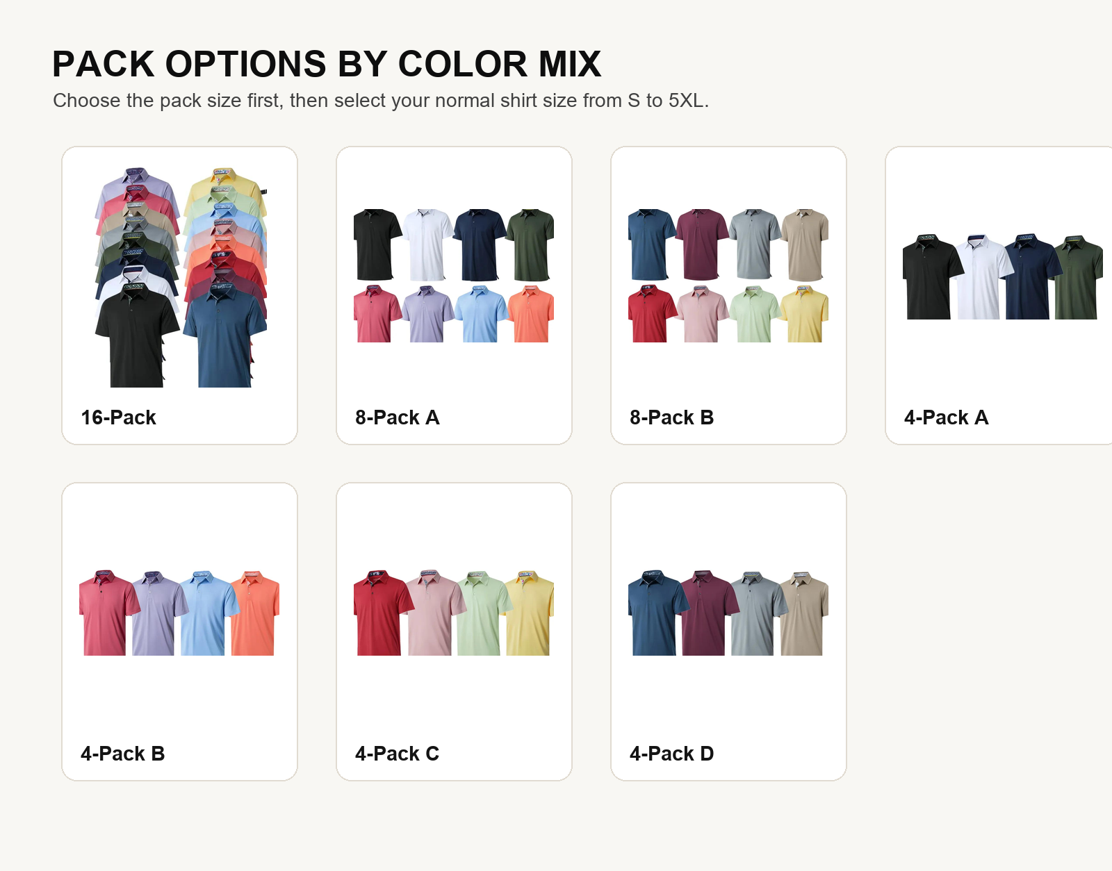 Performance golf polo pack options by color mix