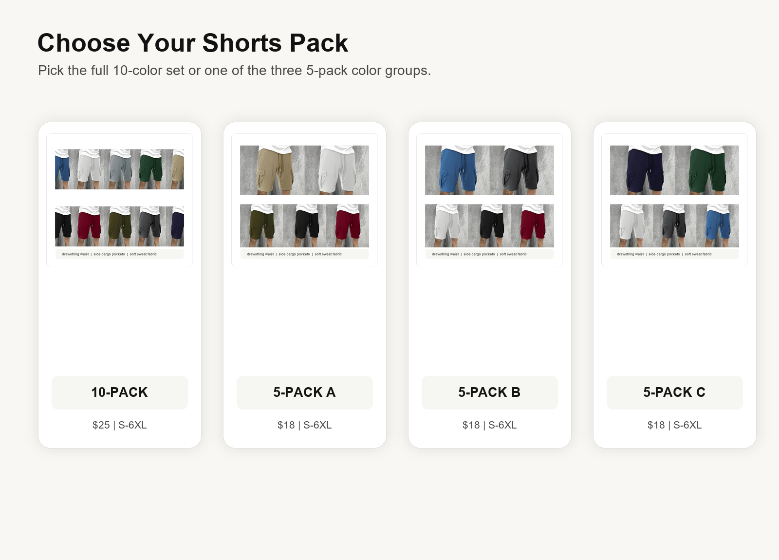 Cargo sweat shorts pack option guide showing 10-pack and 5-pack A B C