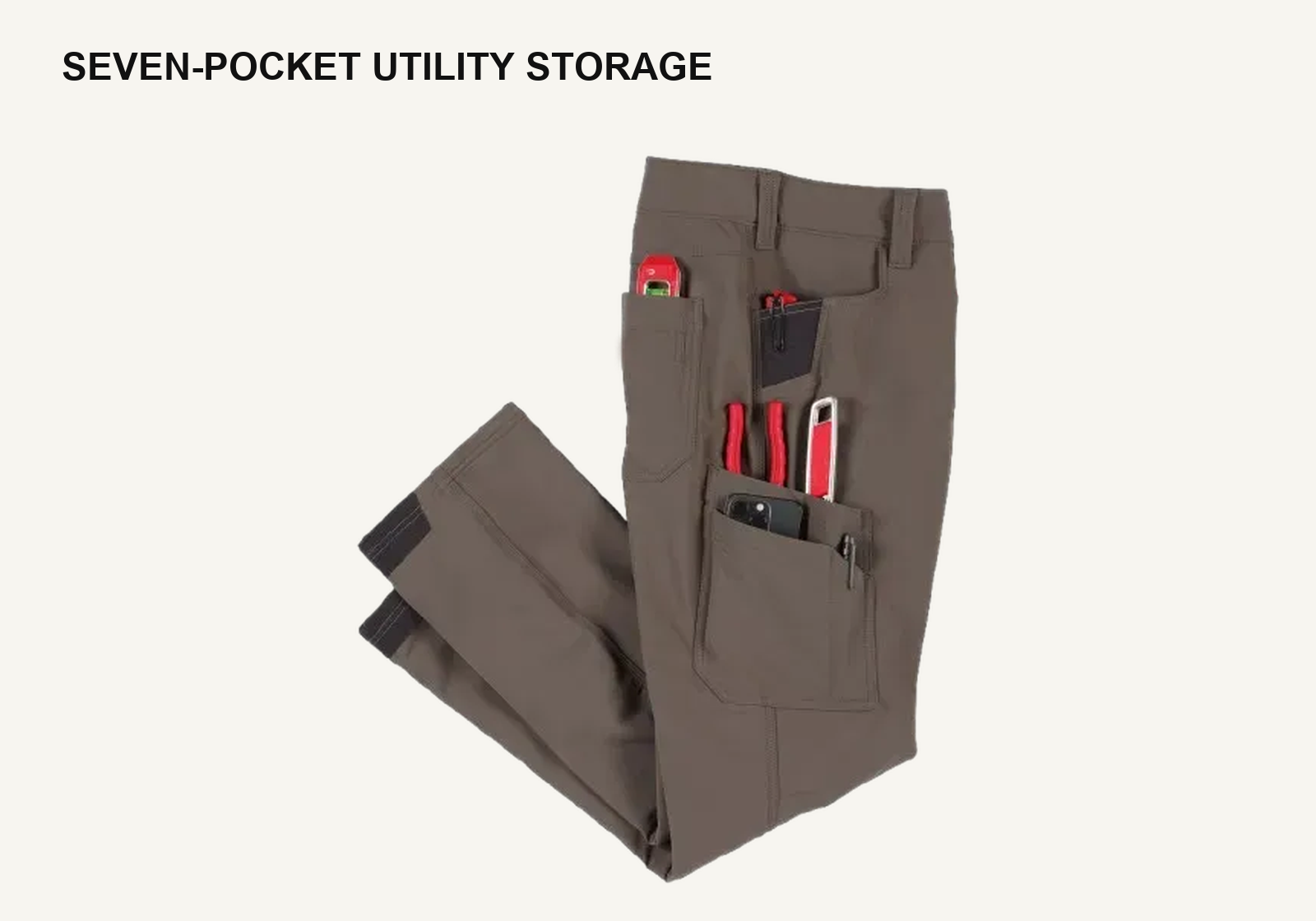 Seven-pocket thigh storage detail on men's tech work pants