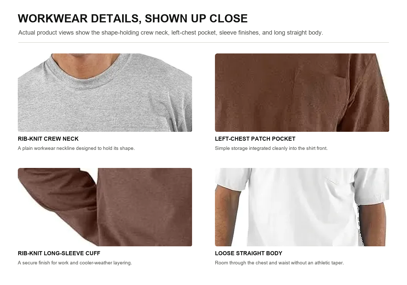 Close views of crew neck chest pocket rib cuff and loose straight body on heavyweight work T-shirts