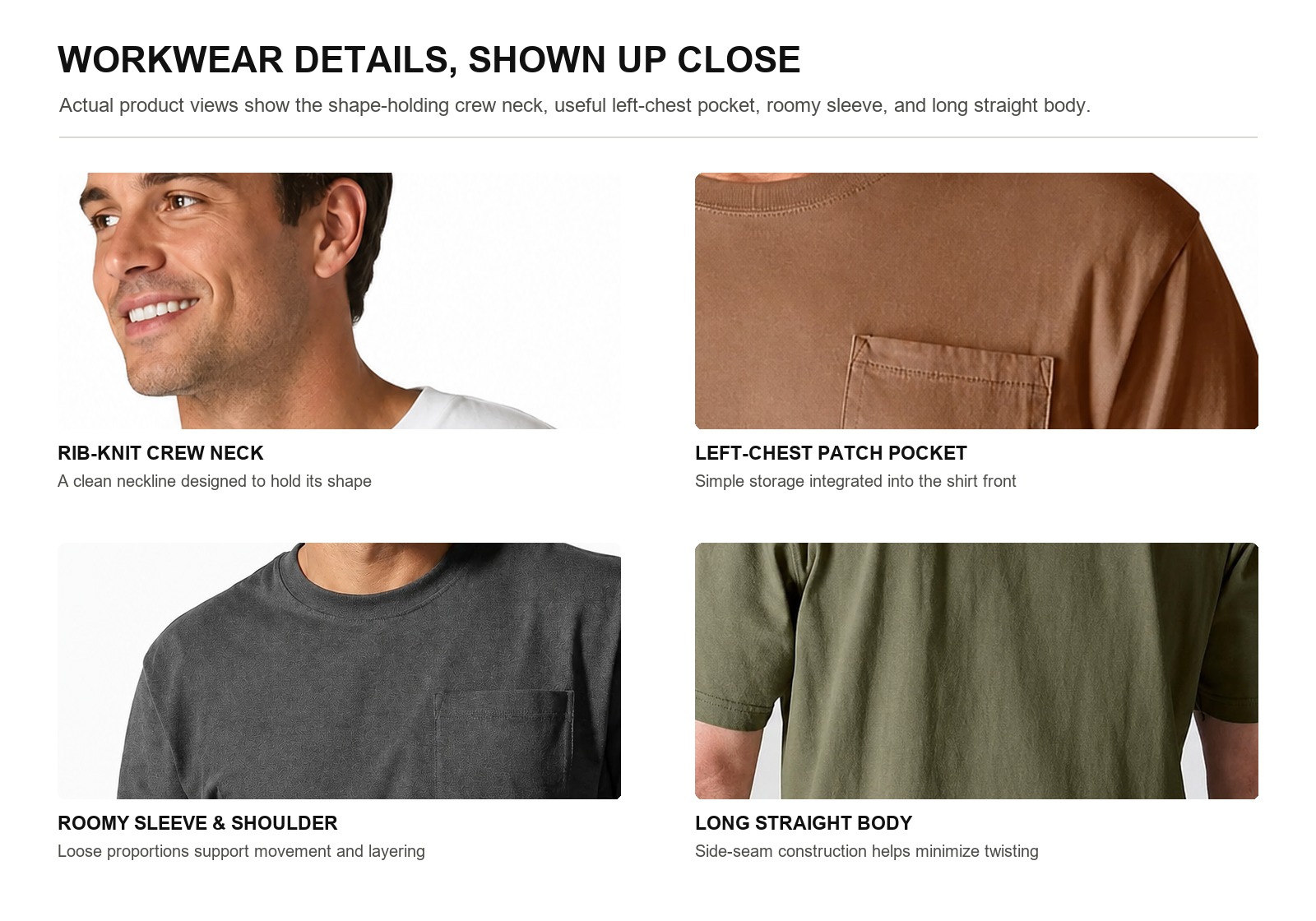 Crew neck chest pocket roomy sleeve and long straight body construction details on heavyweight work T-shirt