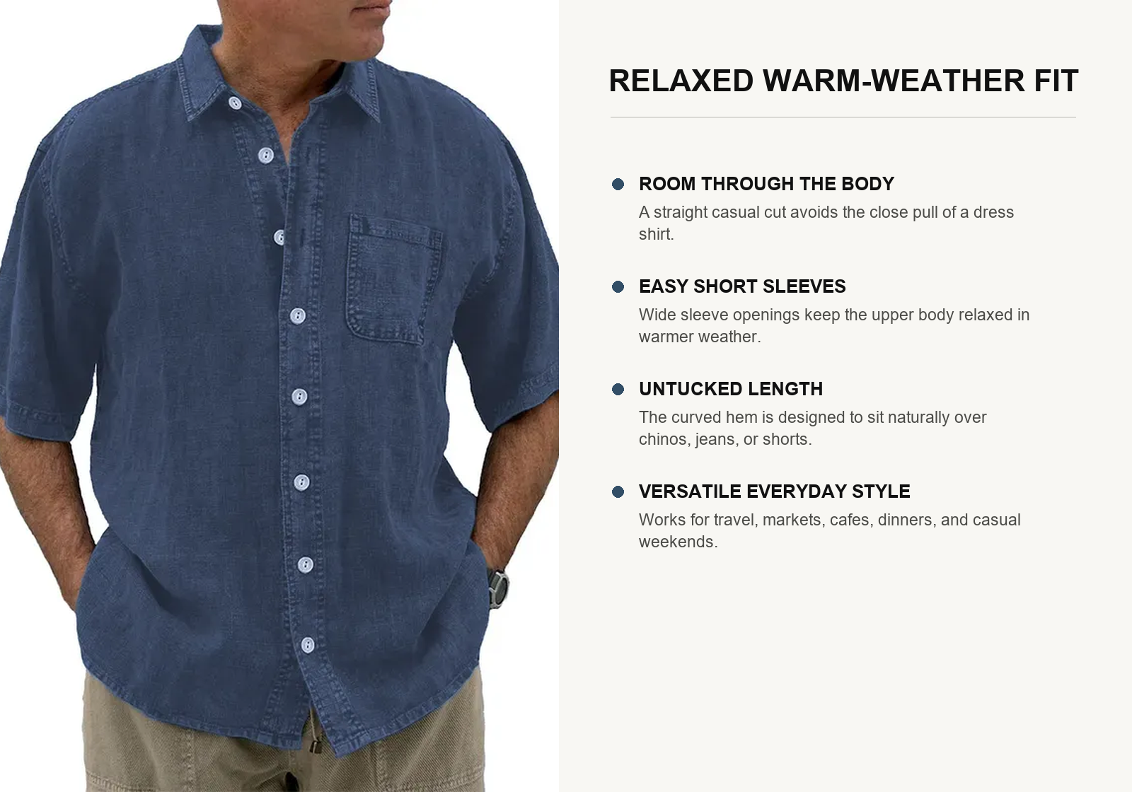 Washed navy cotton linen shirt showing relaxed body short sleeves chest pocket and untucked curved hem