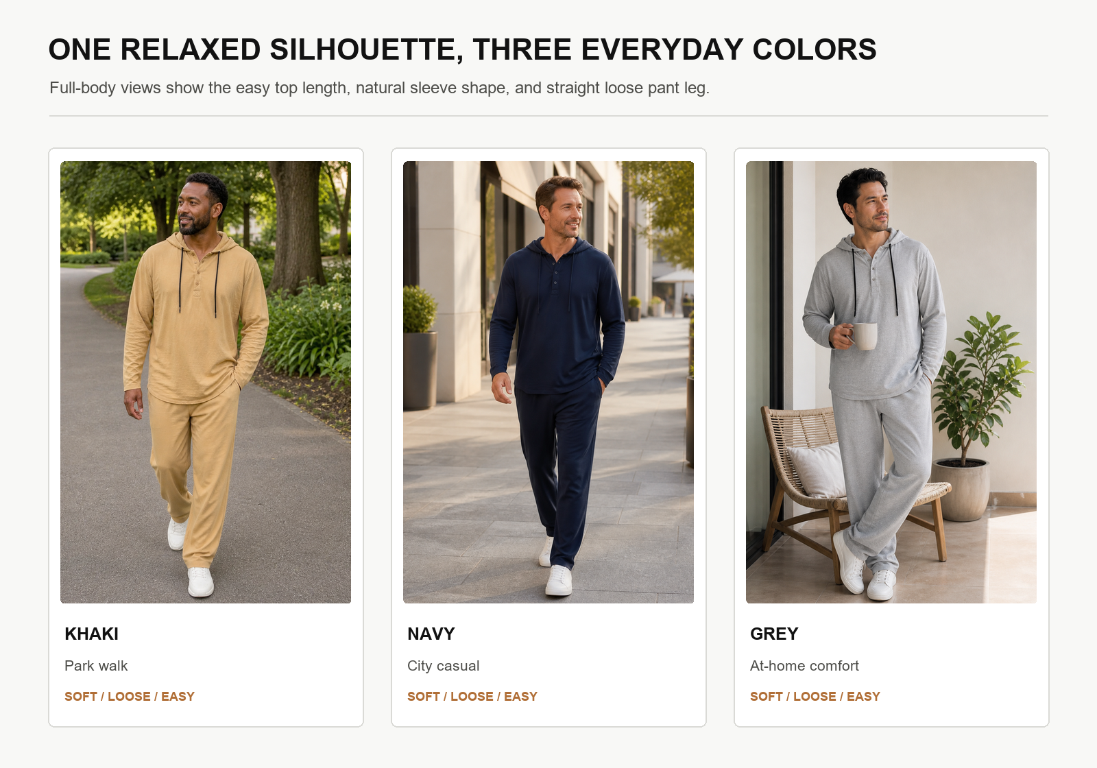 Full body fit views of khaki navy and grey soft cotton hooded two-piece sets