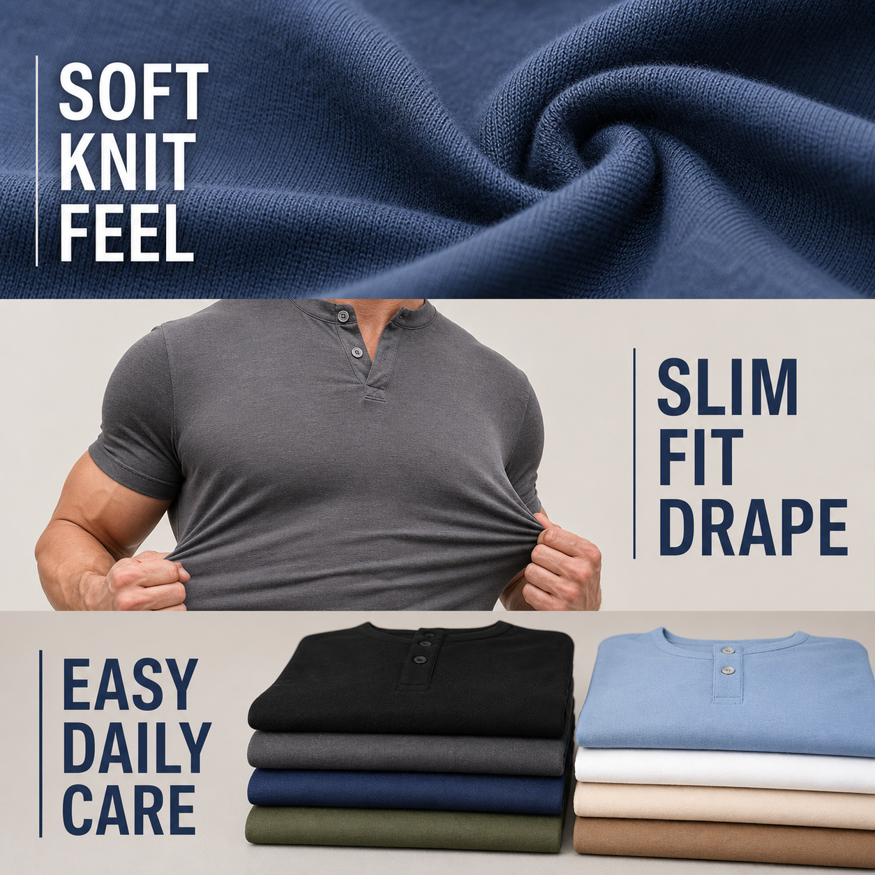 Slim fit Henley shirt fabric texture and folded color stack material detail image