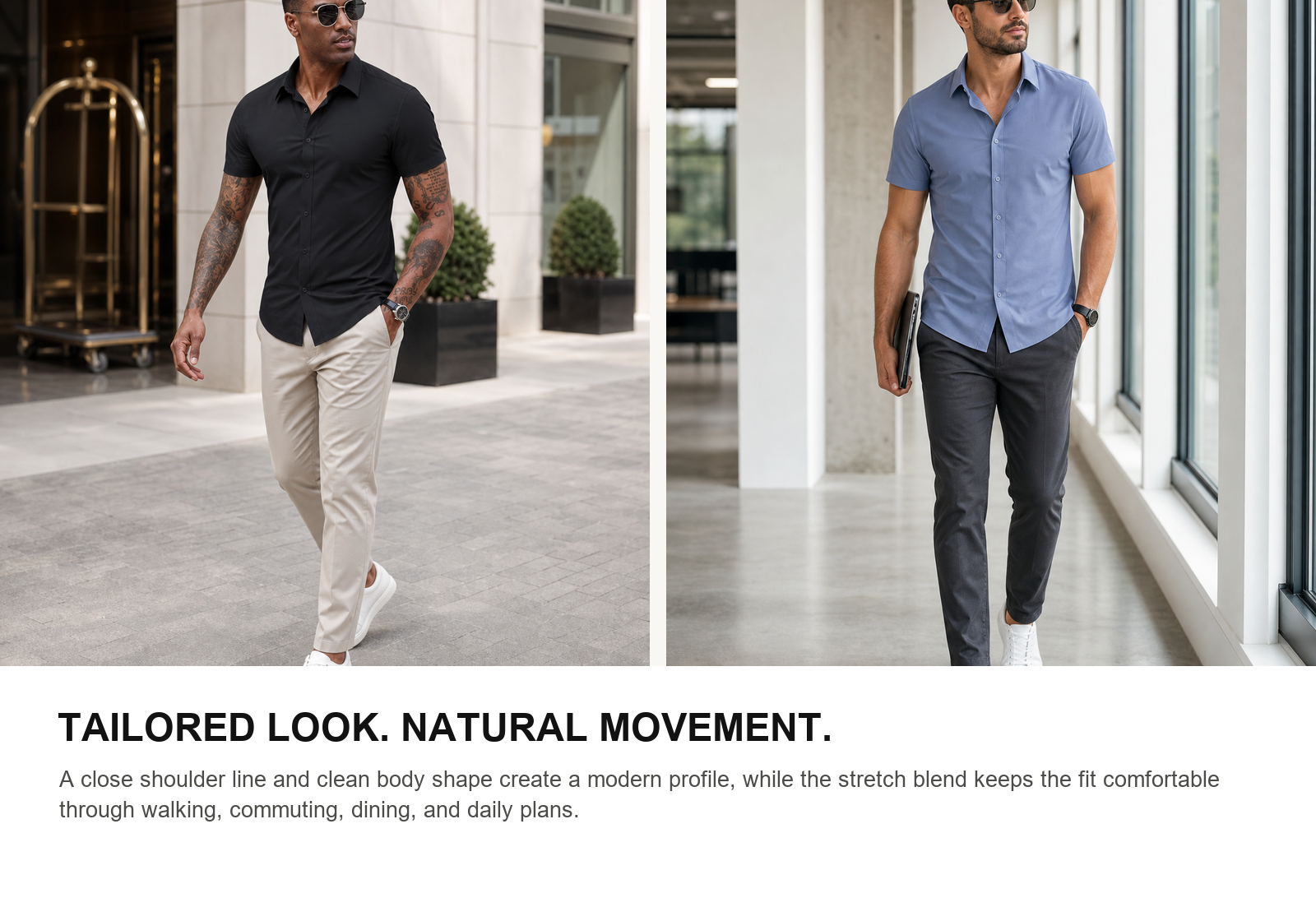 Two men showing tailored fit and natural movement in black and light blue stretch shirts
