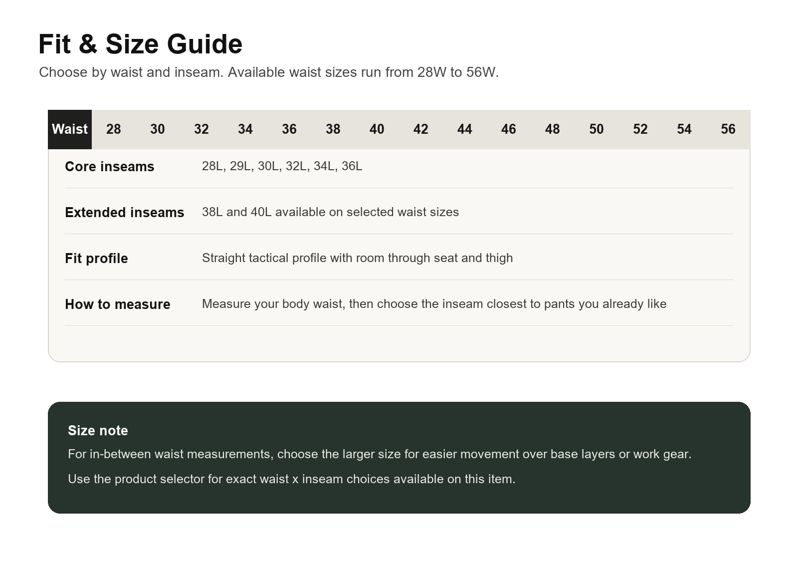 Waist and inseam size guide for men's tactical cargo pants from 28W to 56W