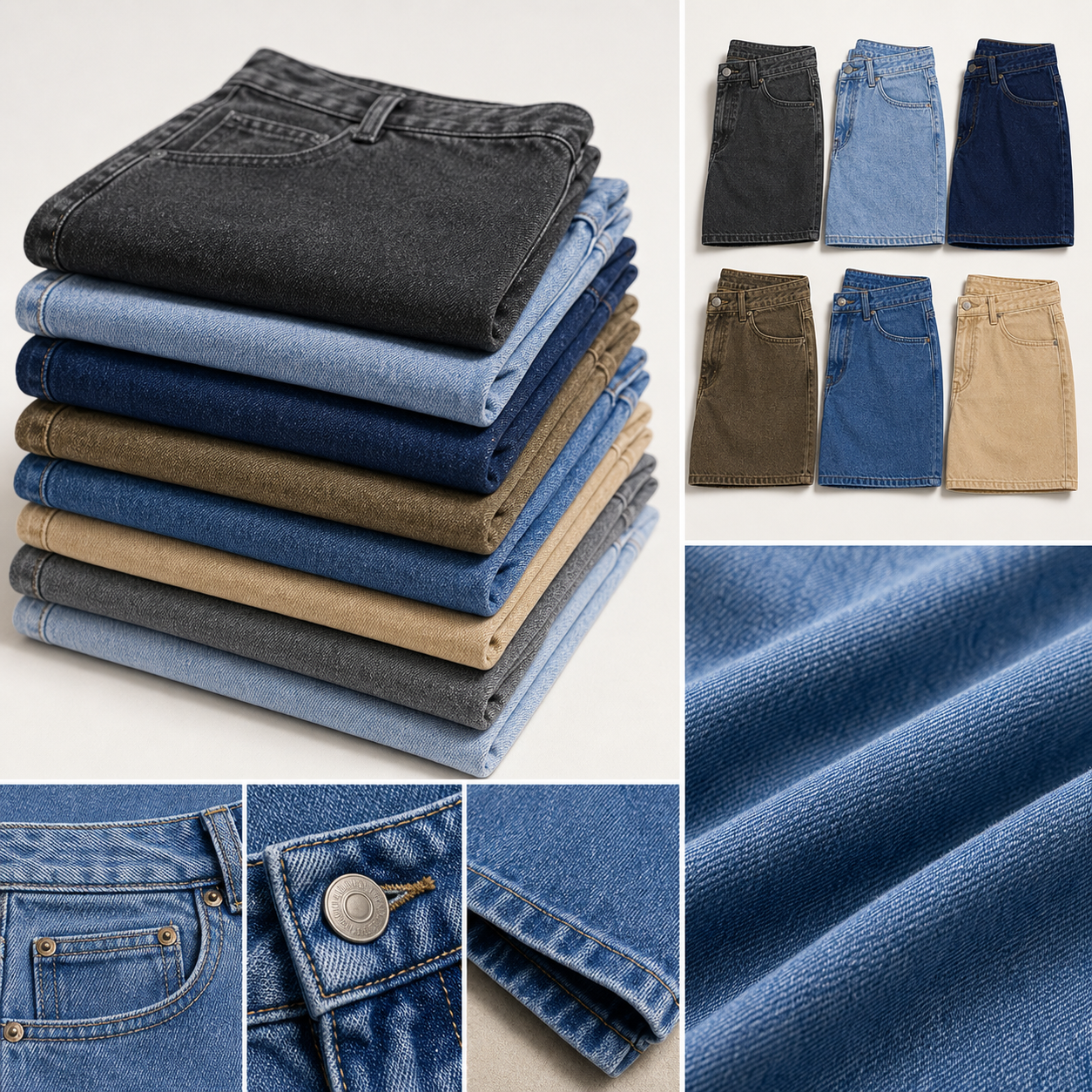 Folded denim dad shorts stack with solid washes and denim fabric close up details