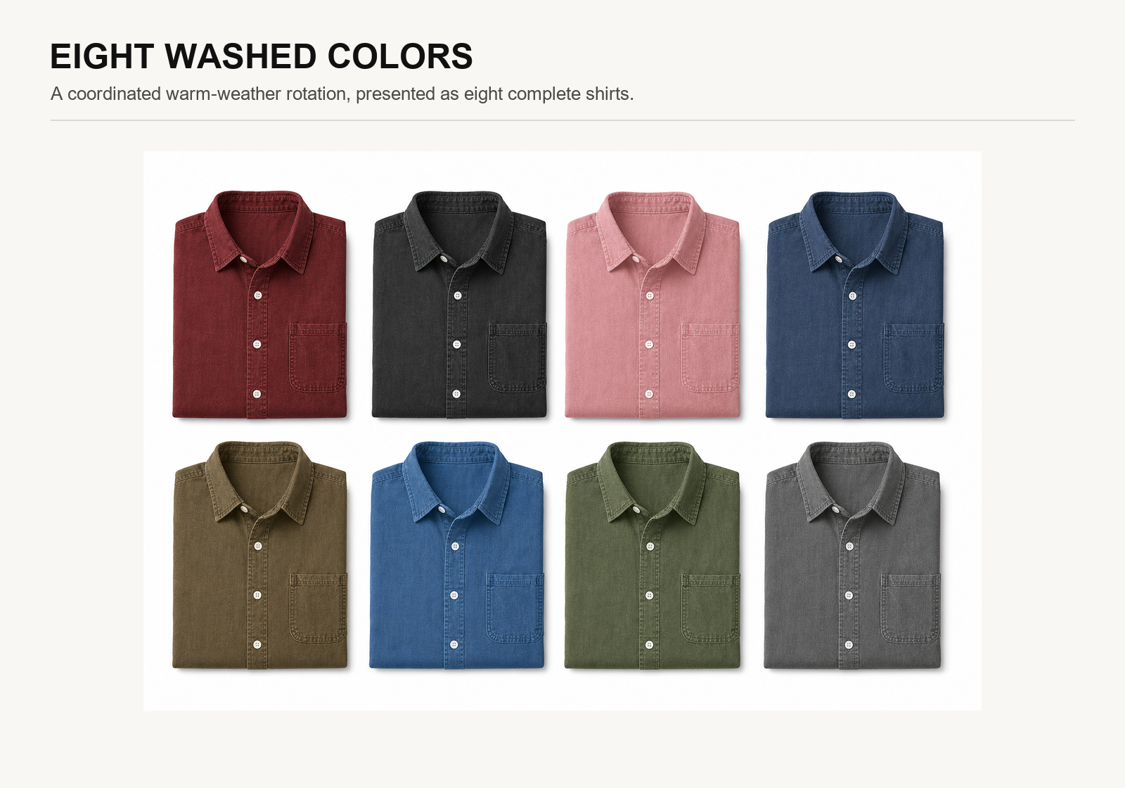 Eight complete folded cotton linen pocket shirts in washed burgundy black pink navy brown blue sage and gray