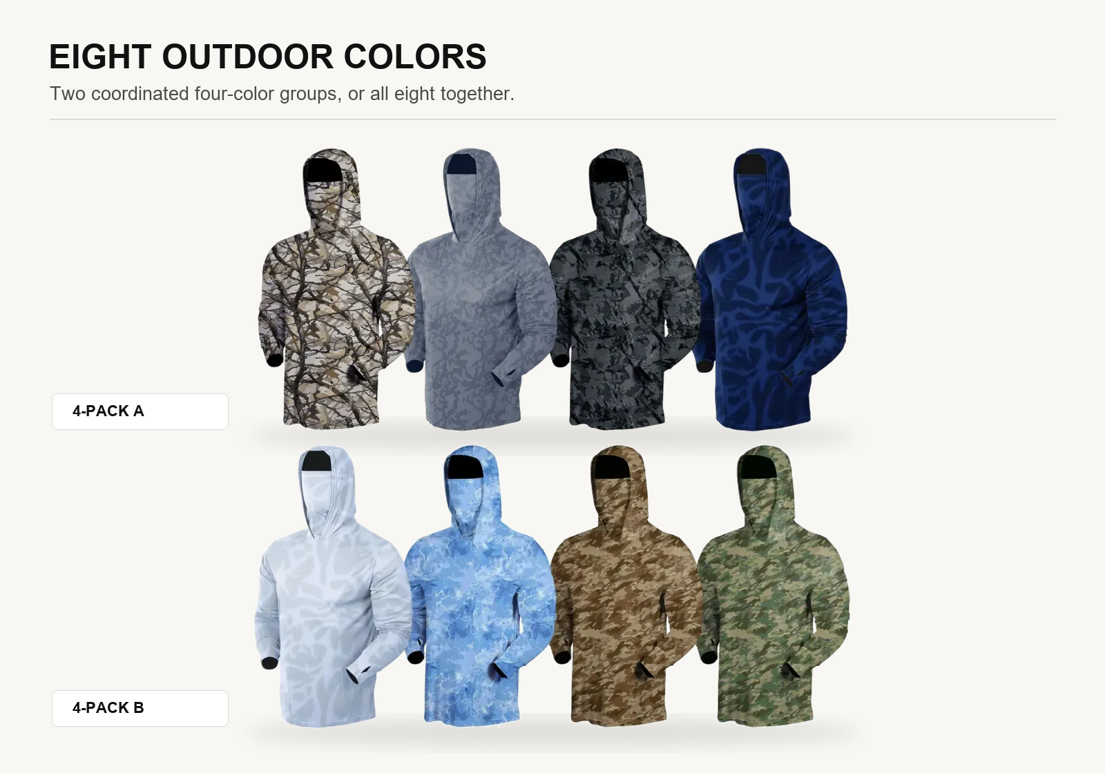 Eight exact hooded camo sun shirts arranged in two coordinated four-color groups
