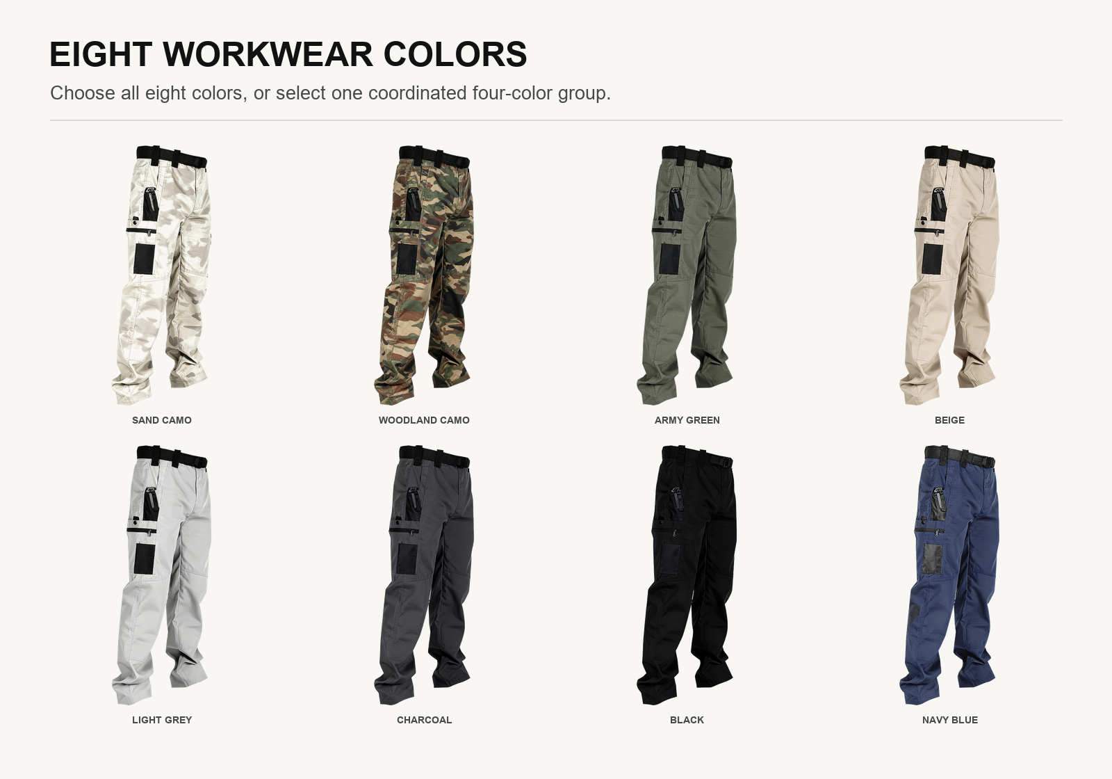 Eight color lineup of men's multi-pocket tactical work pants