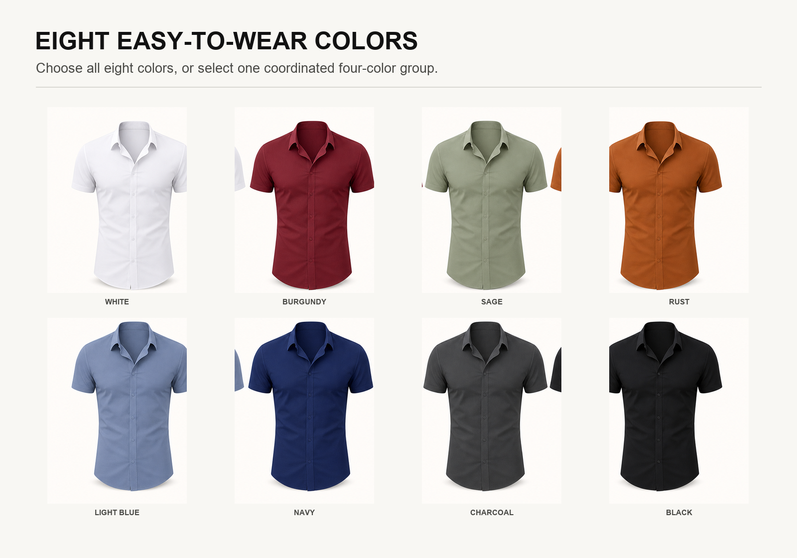 Eight color lineup of men's short-sleeve stretch button-up shirts