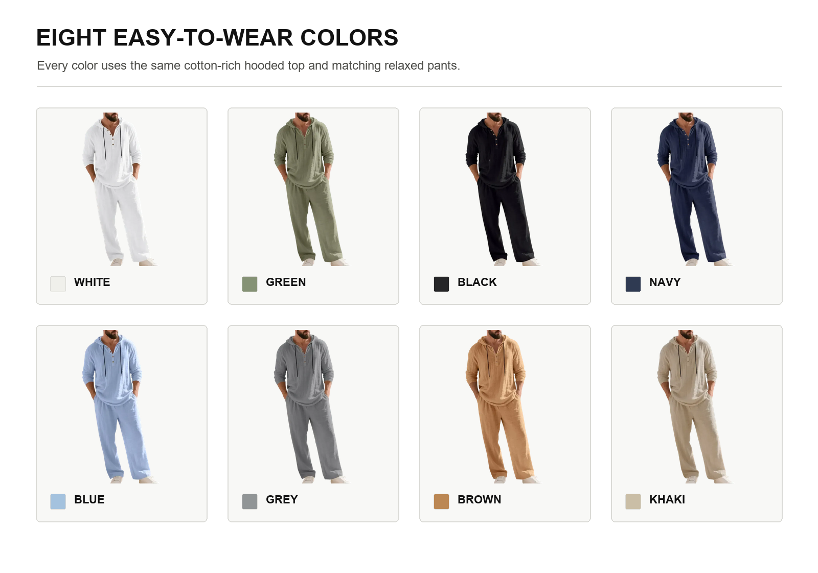 Eight color options for a soft cotton hooded top and matching relaxed pants set