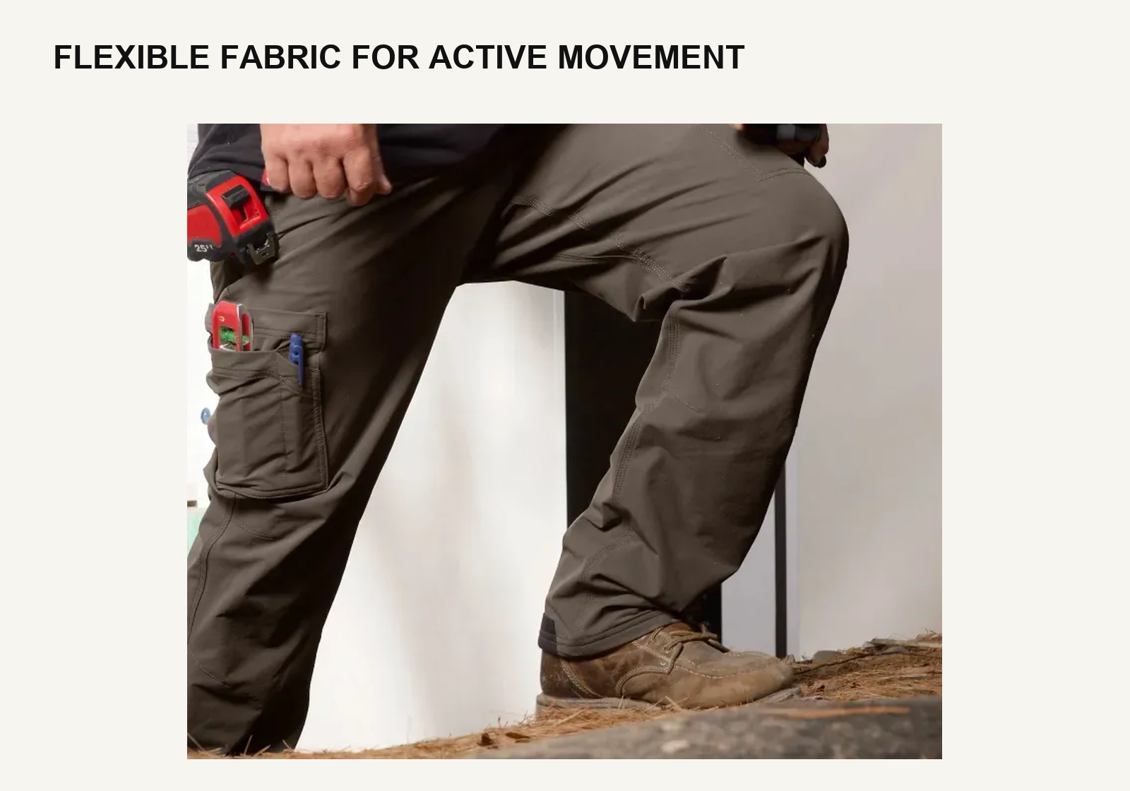 Close-up of flexible tech work pants fabric during active movement