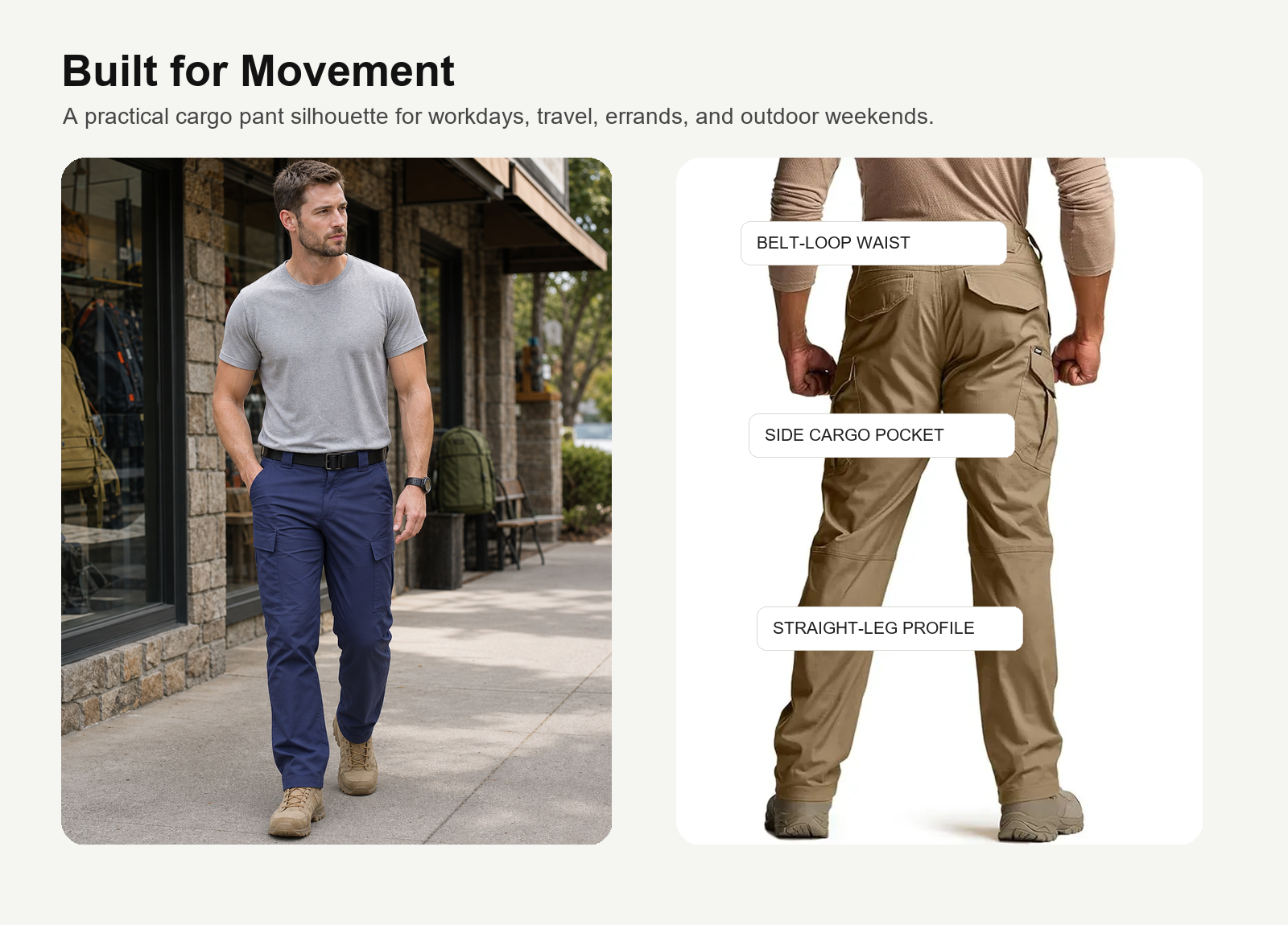 Fit and movement panel showing tactical cargo pants on model and rear product view