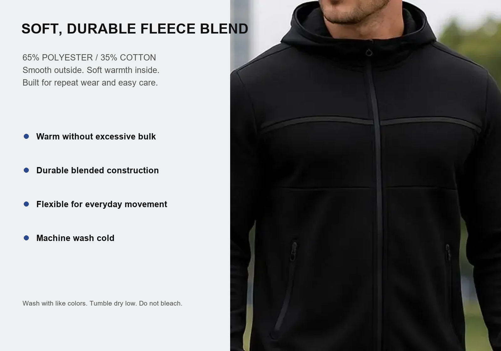 Fleece blend material and care guide for the hoodie and jogger set