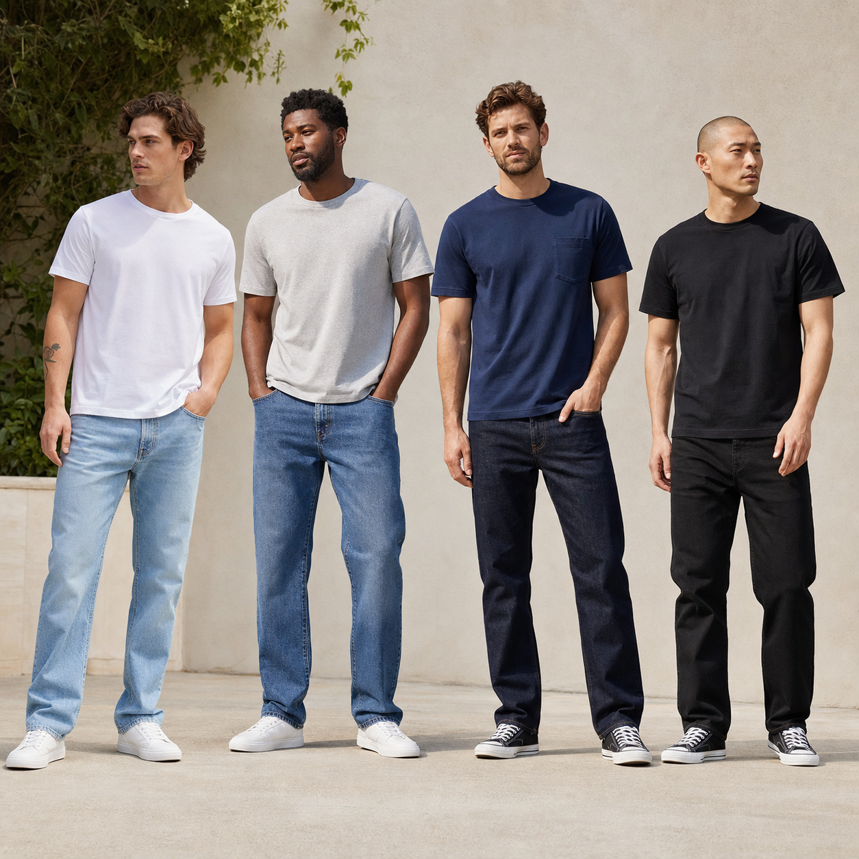 Four men wearing Classic Fit straight leg jeans in light medium dark and black denim washes