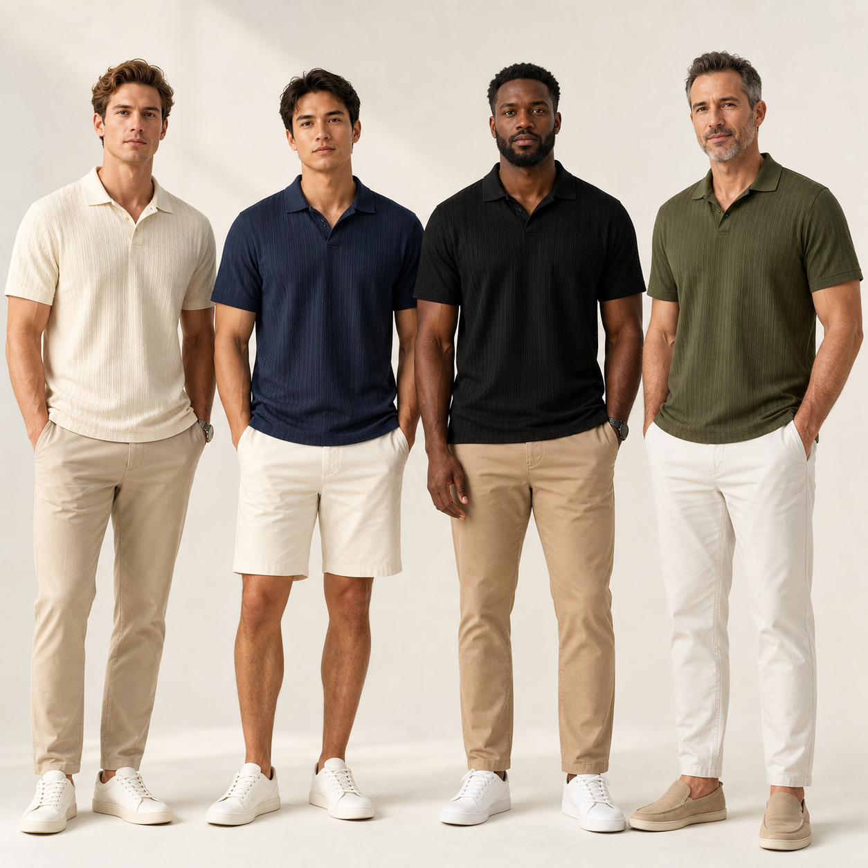 Four men wearing solid jacquard polo shirts in cream navy black and olive showing fit